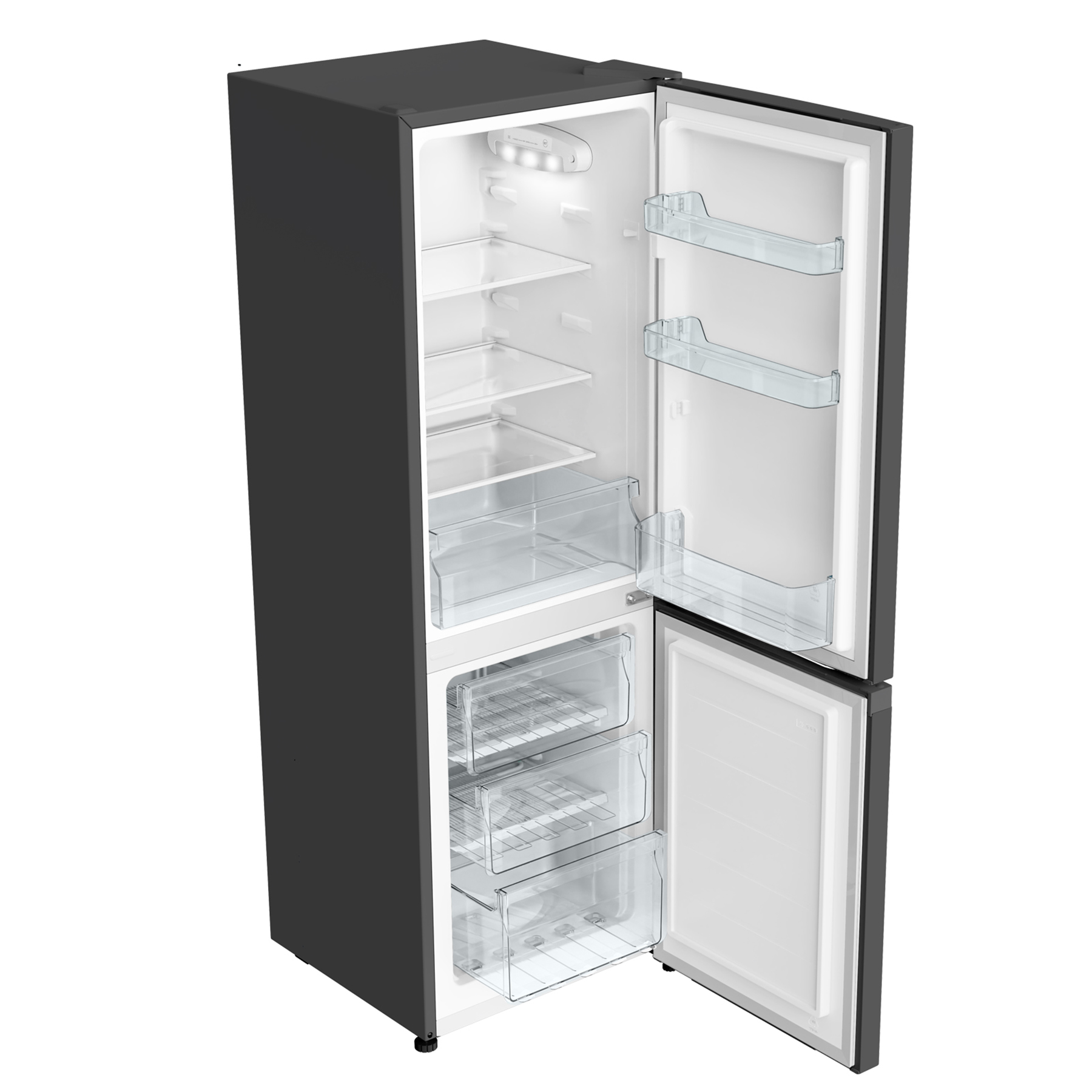 Dunkelgrauer Kombikühlschrank mit geöffneten Türen, der helle Einlegeböden und transparente Schubladen zeigt.