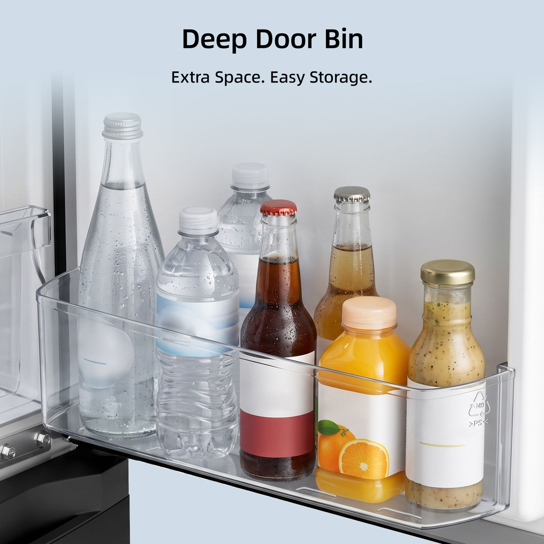 A transparent refrigerator door bin filled with various bottles of water, juice, and beverages against a white background.