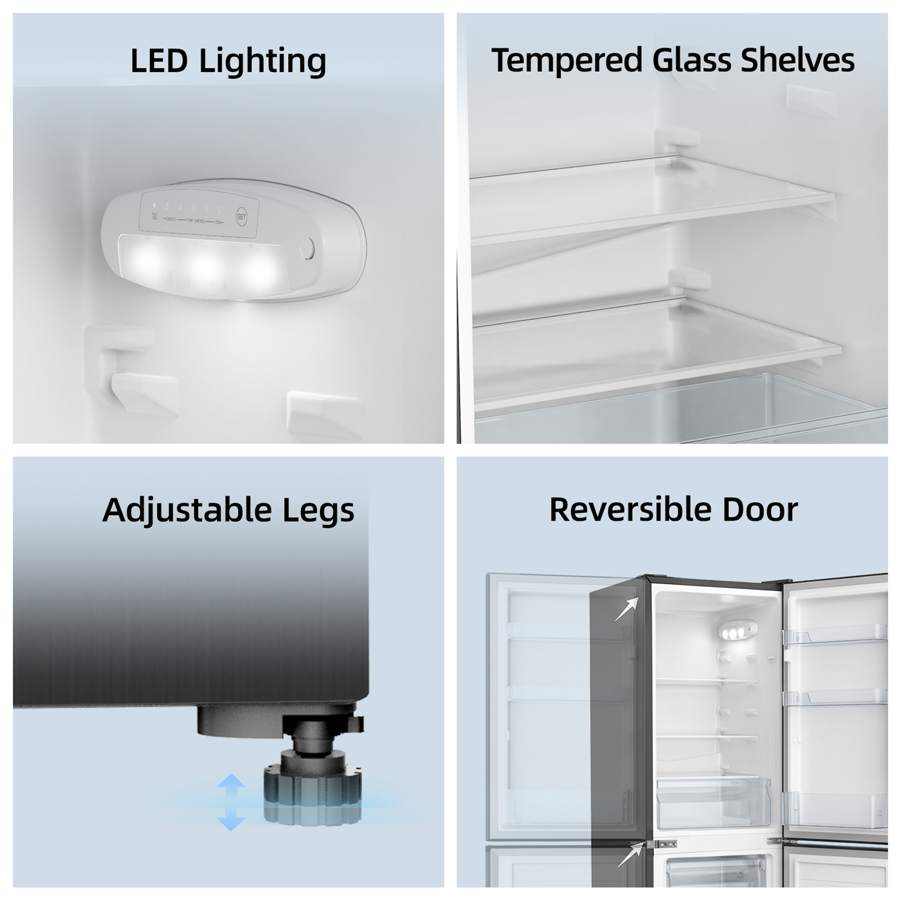 Four images show refrigerator features: LED lighting, glass shelves, adjustable legs, and a reversible door.