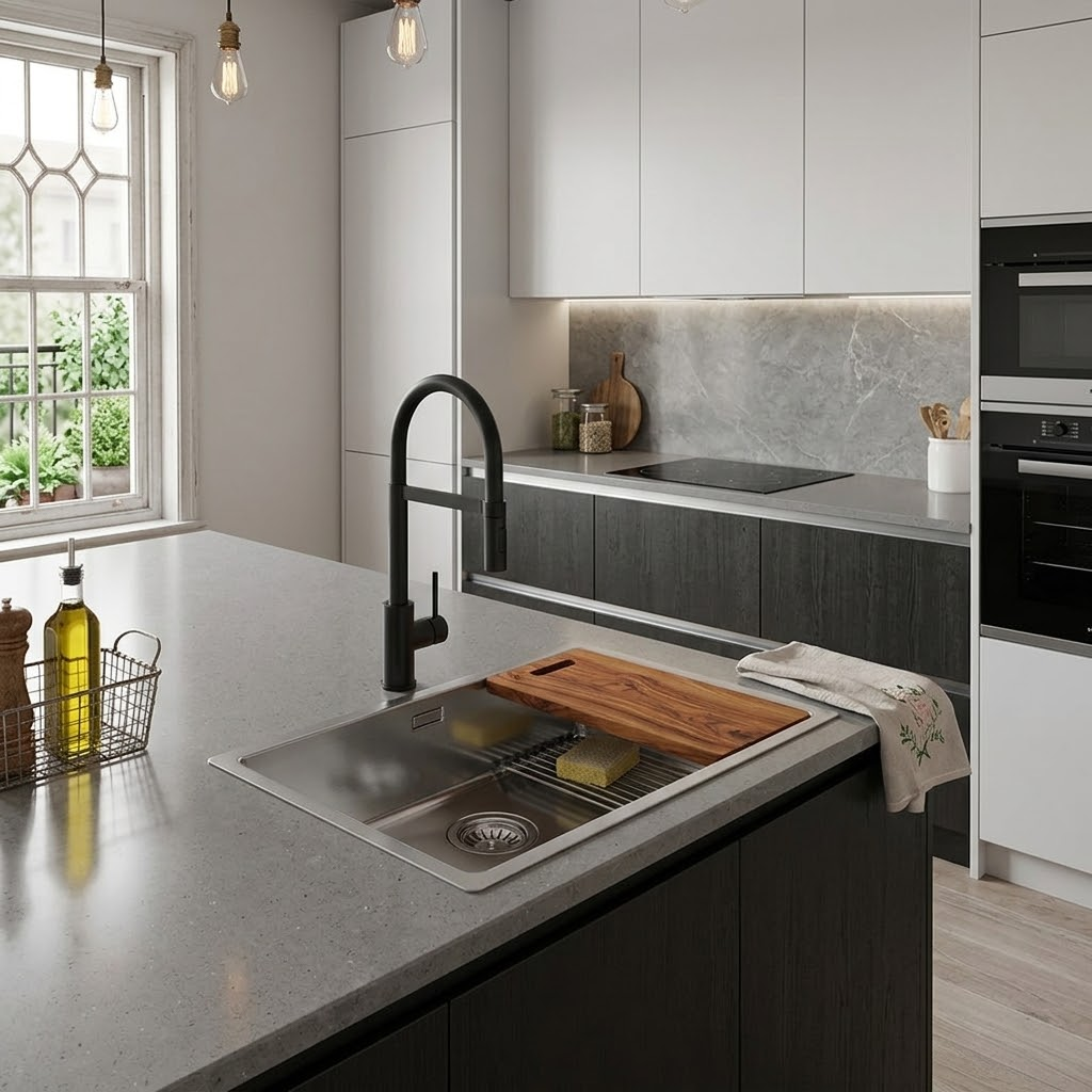 Cucina moderna con rubinetto nero e tagliere in legno sull'isola, pensili bianchi e grande finestra.