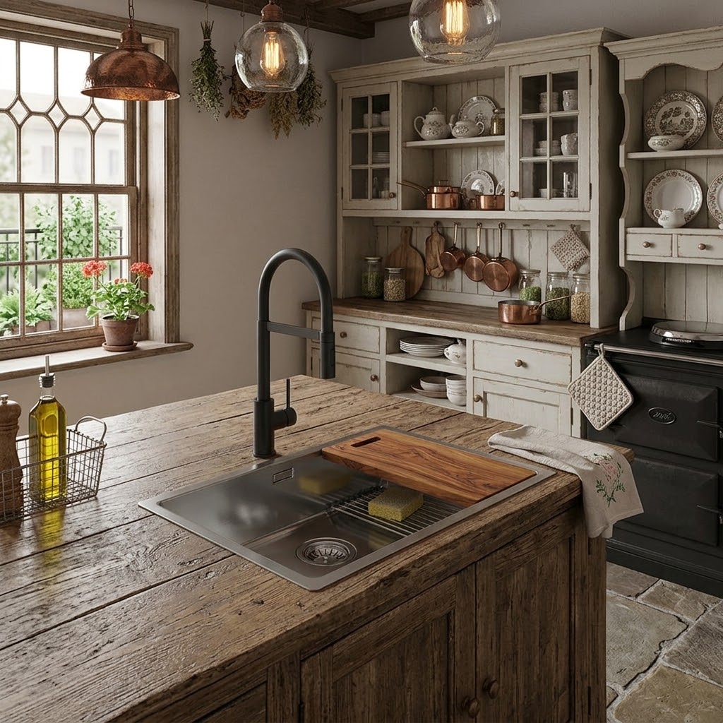 Cucina rustica con isola in legno, grande lavello, rubinetto nero e mobili bianchi sullo sfondo.
