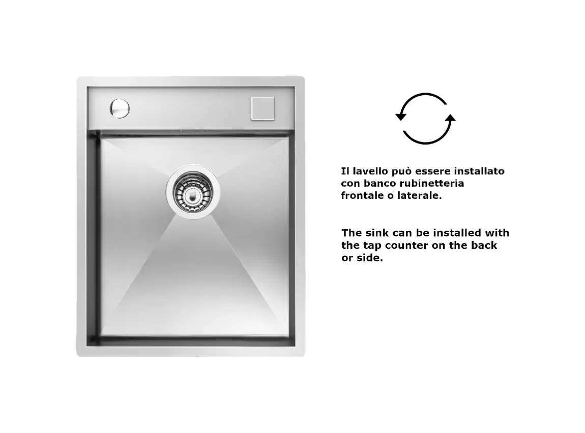 Lavello in acciaio inox con scarico centrale e testo di installazione su fondo bianco.