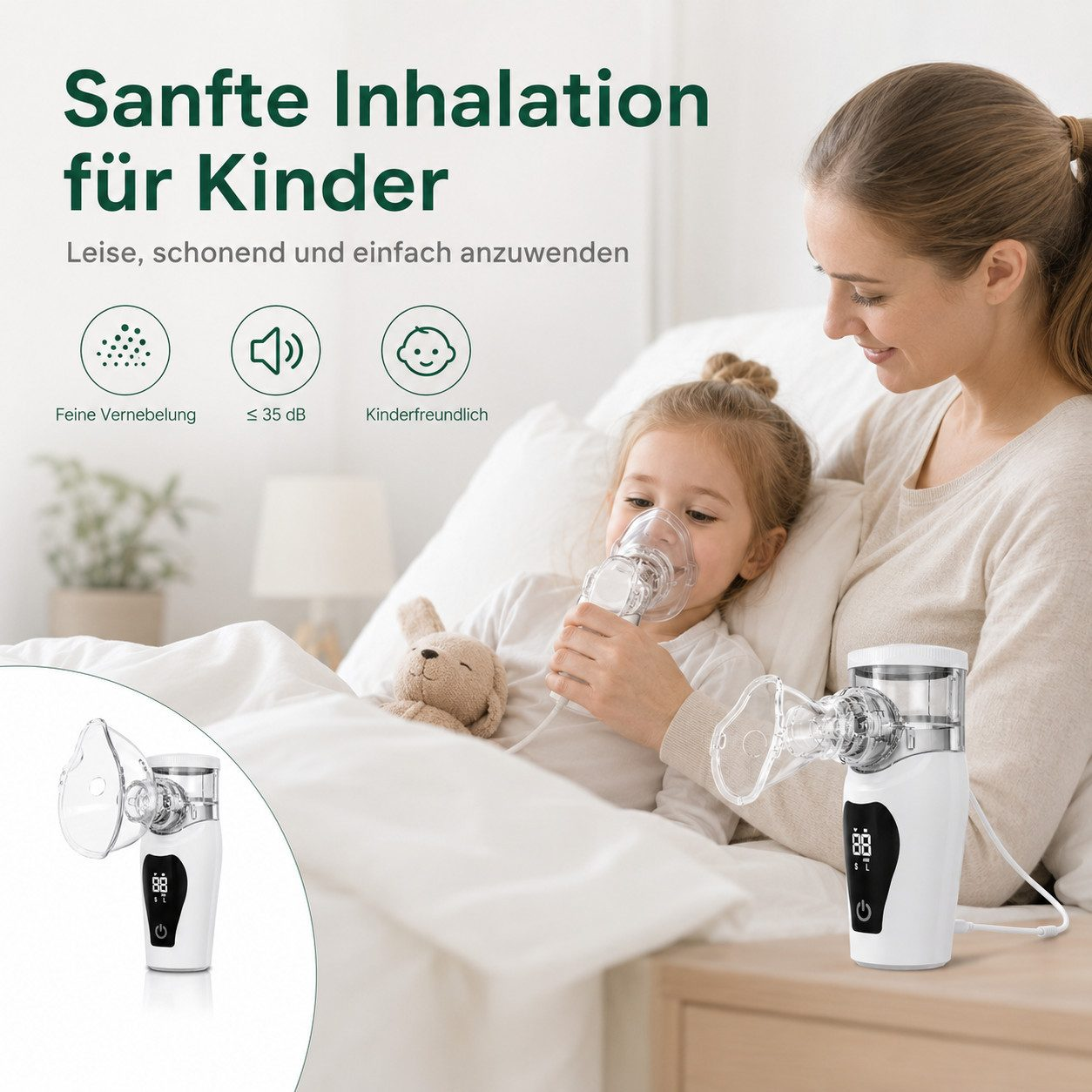 Eine Frau hilft einem Kind im Bett, ein Inhalationsgerät zu verwenden.