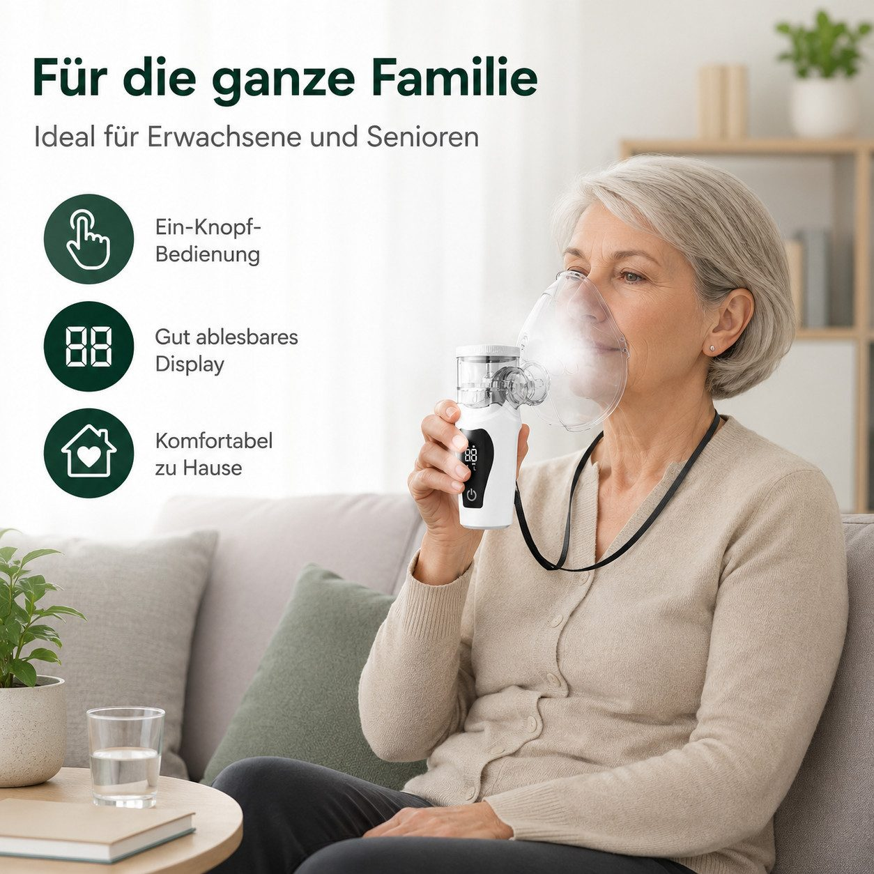 Ältere Frau sitzt auf Sofa und benutzt ein Handinhalationsgerät mit Maske.