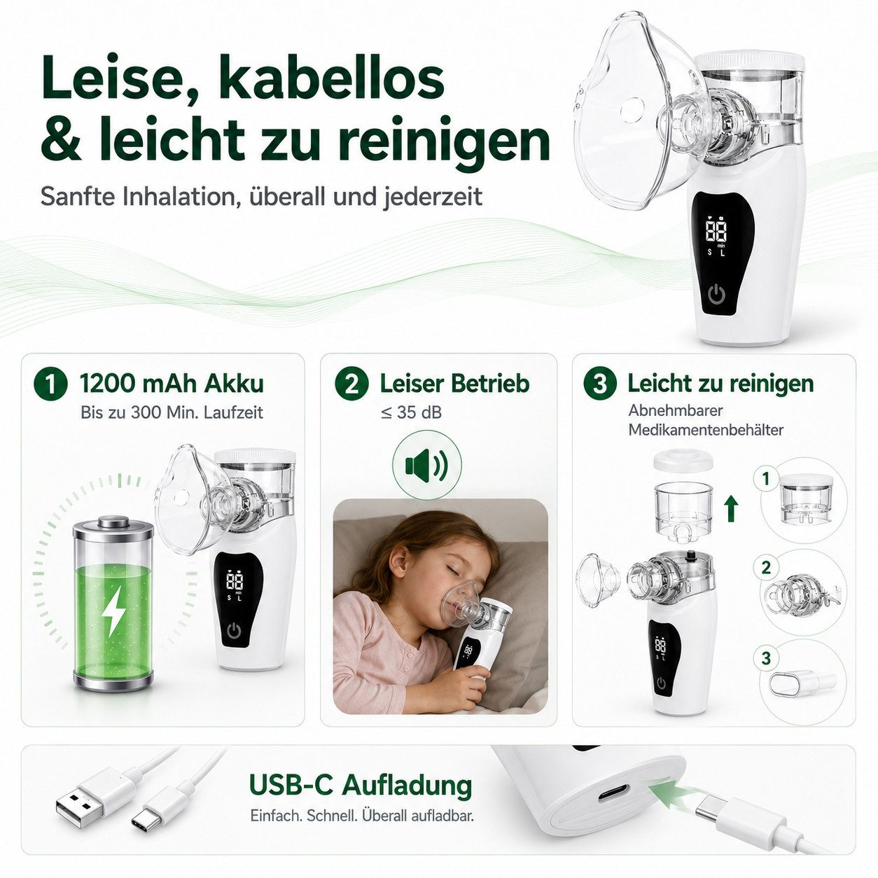 Tragbarer weißer Inhalator mit Maske, Batterie, Kind und USB-C-Kabel.