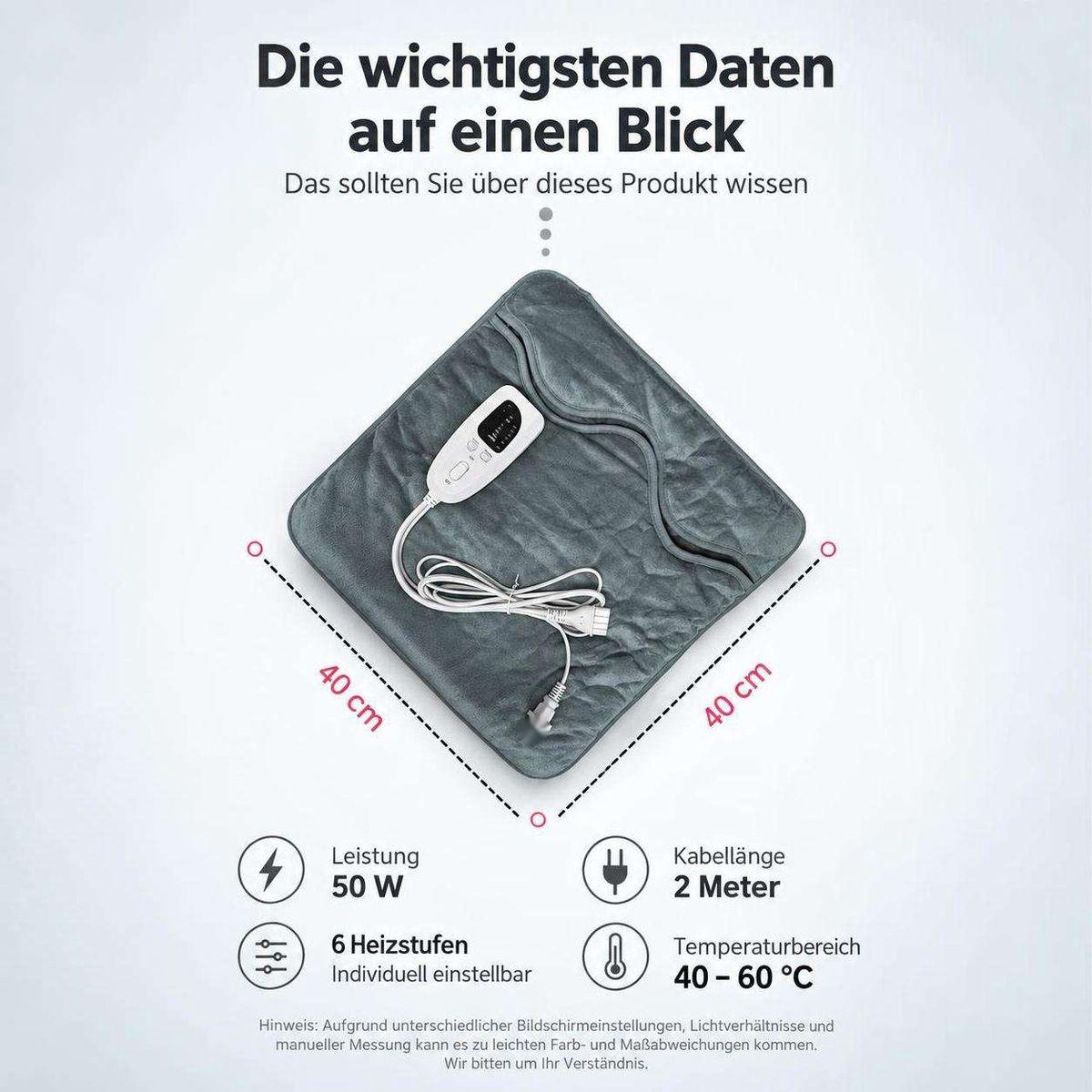Graues Heizkissen, 40x40 cm, mit 50 W Leistung, 2 m Kabel, 6 Heizstufen und 40-60 °C Temperaturbereich.