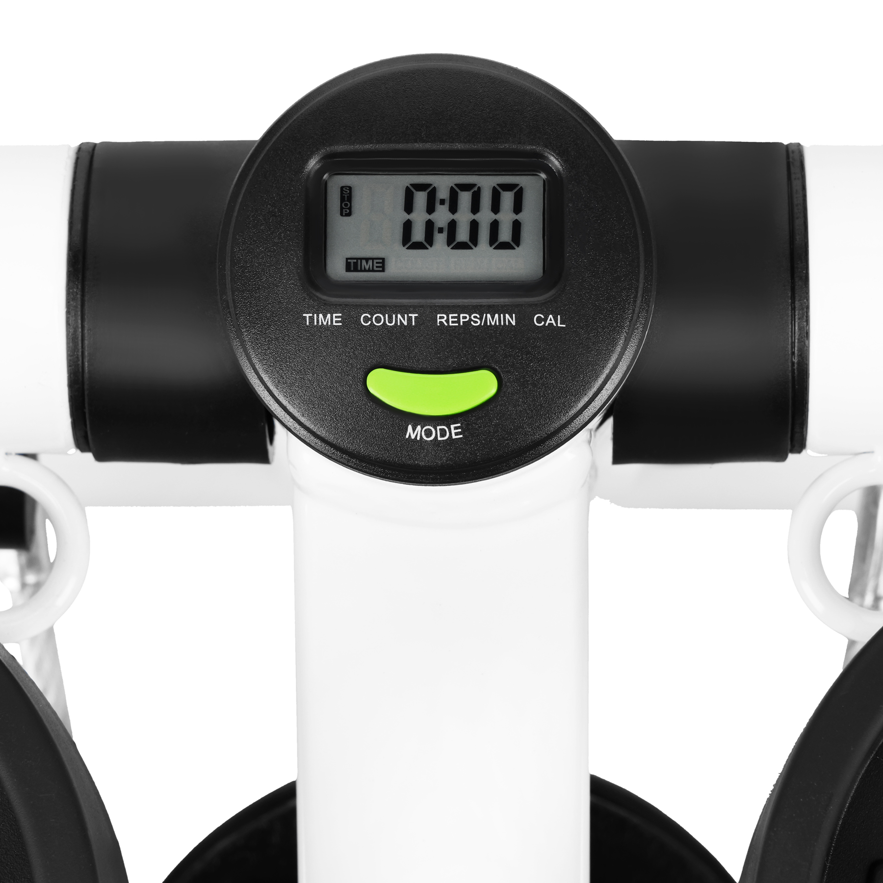 Czarno-biała konsola urządzenia fitness z cyfrowym wyświetlaczem i zielonym przyciskiem.