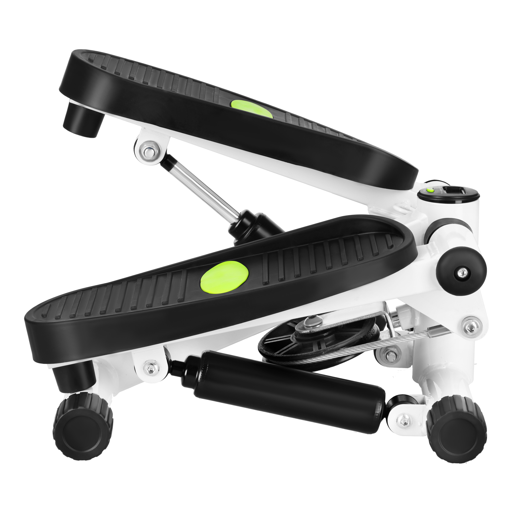 Biało-czarny mini stepper z siłownikami hydraulicznymi na białym tle.