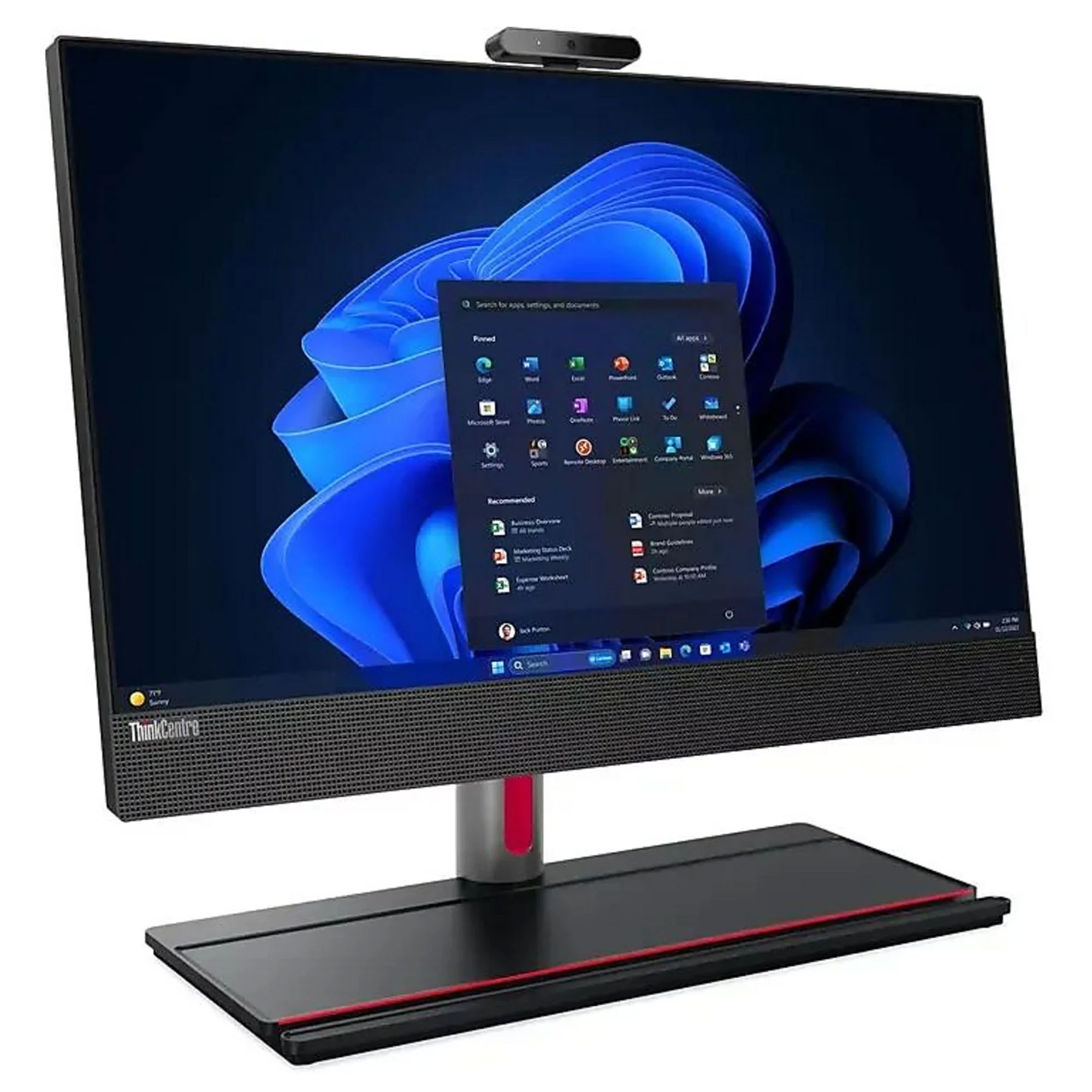 Ekranında mavi bir Windows duvar kağıdı ve üstünde web kamerası olan siyah bir hepsi bir arada bilgisayar.