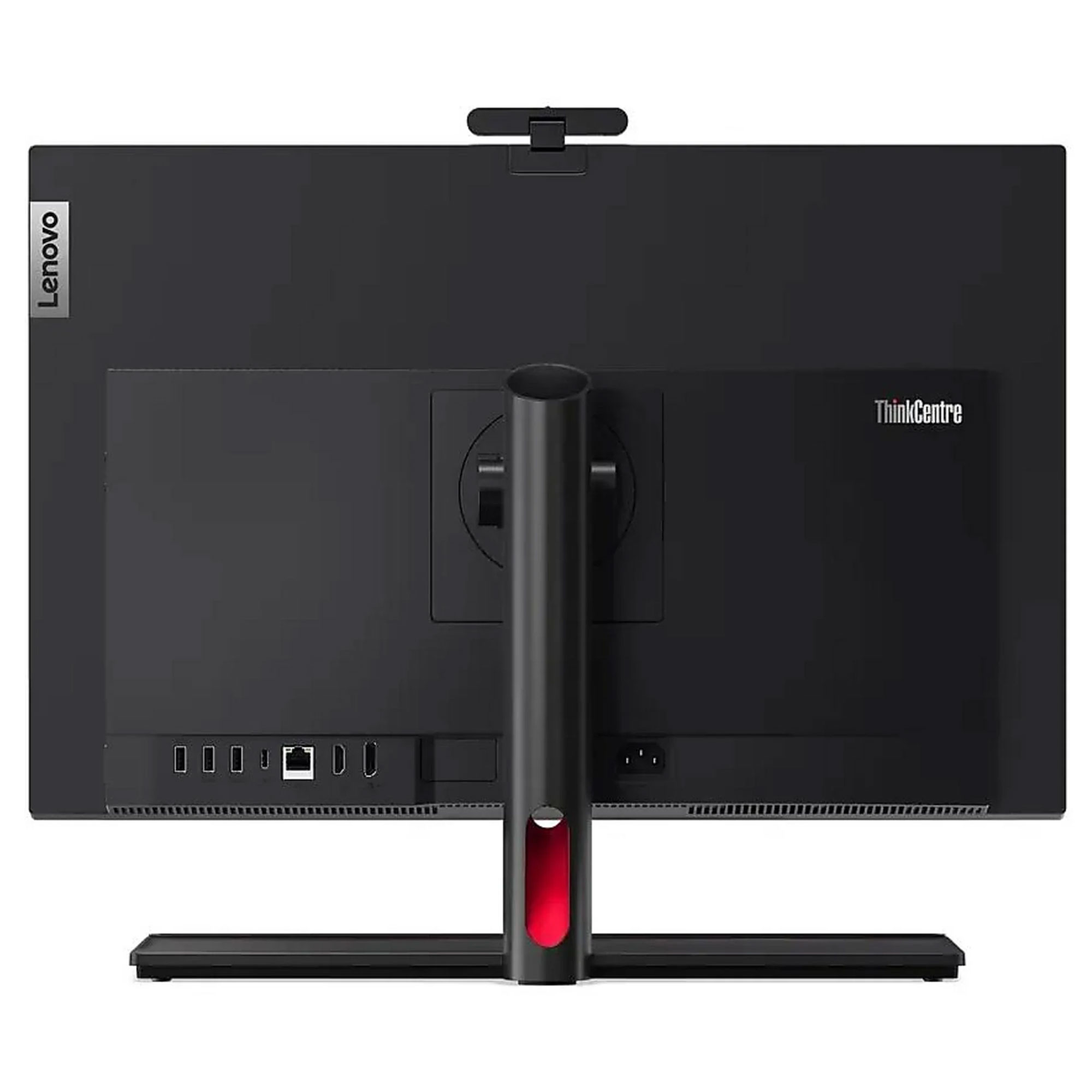 Beyaz arka planda portları ve sağlam bir standı olan siyah Lenovo ThinkCentre hep bir arada masaüstü bilgisayarın arkadan görünümü.
