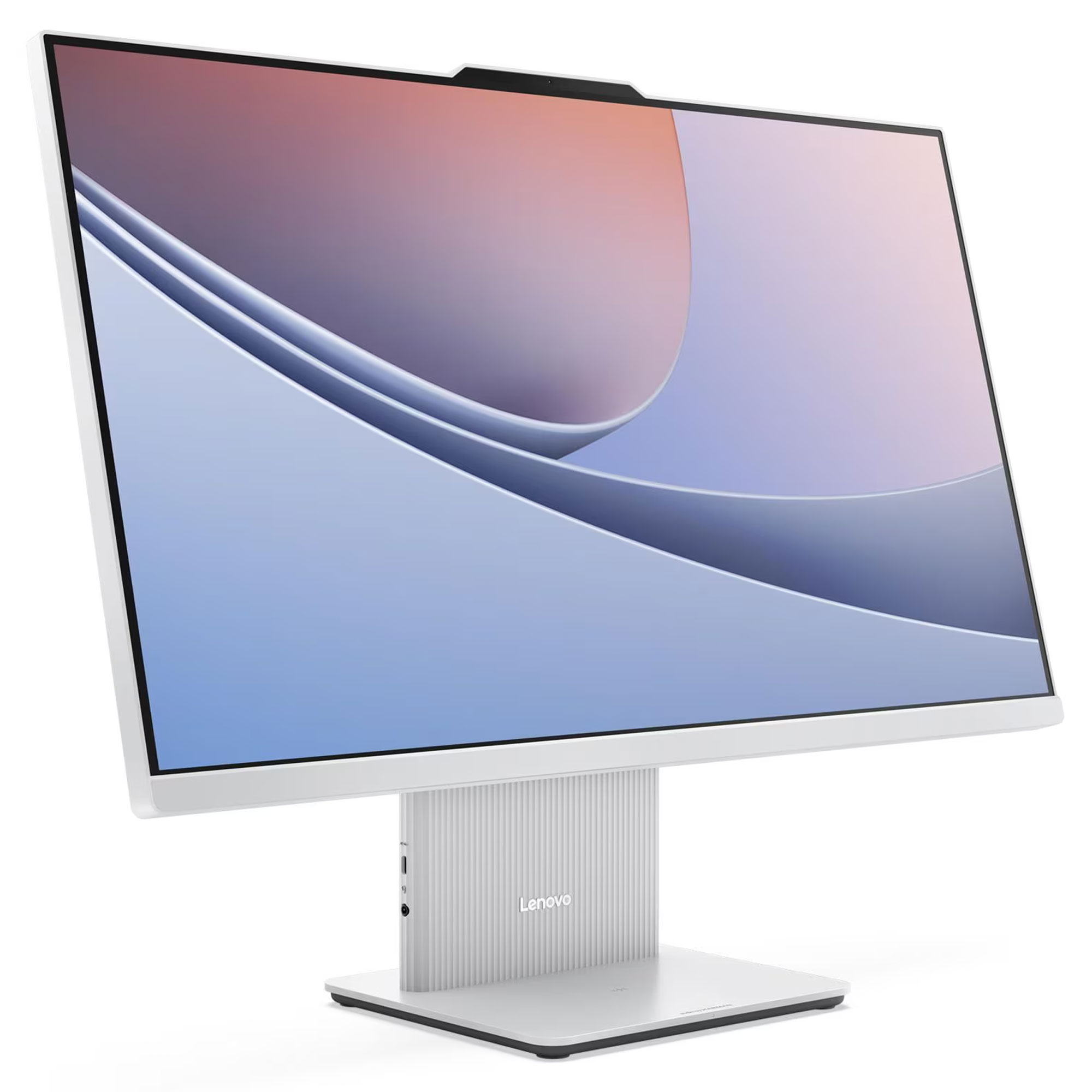İnce çerçeveli beyaz bir Lenovo monitör, soyut mavi ve pembe dalga deseni gösteriyor.