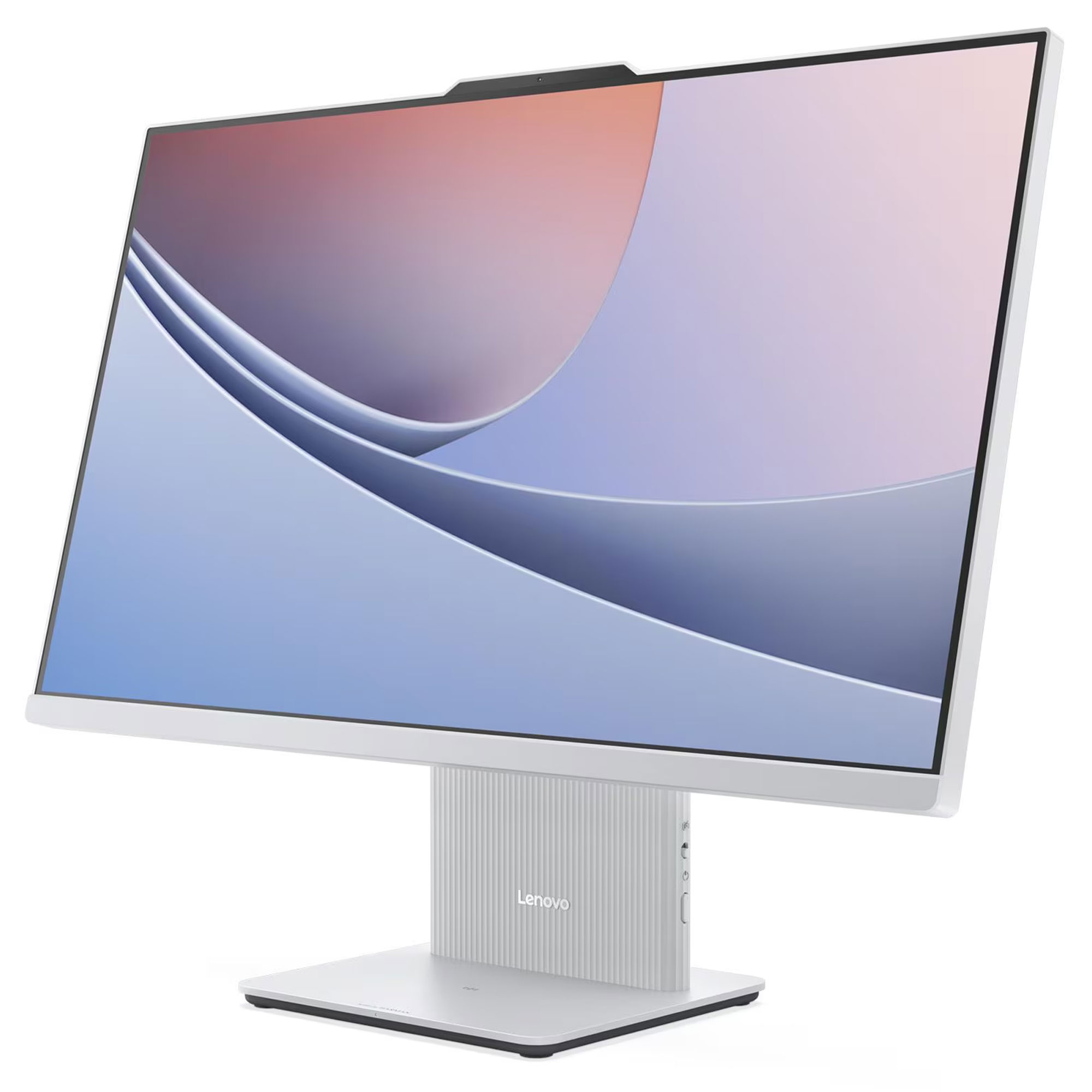 Beyaz arkaplanda soyut mavi ve pembe duvar kağıtlı beyaz Lenovo hep-bir-arada bilgisayar.