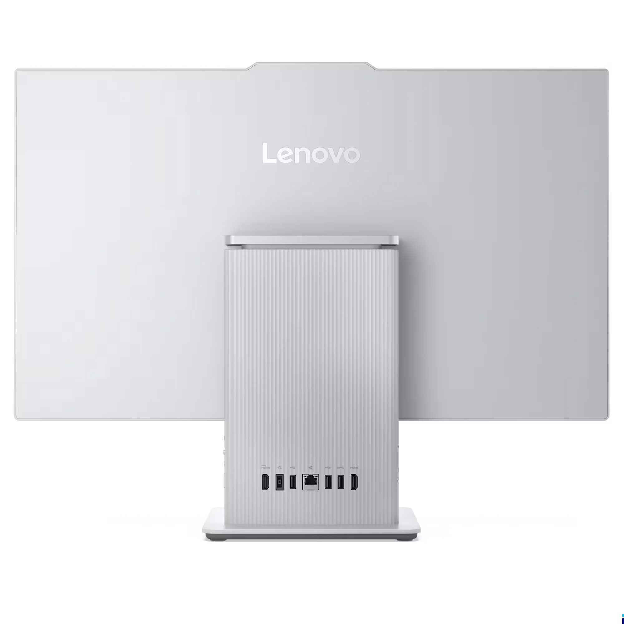 Stantlı ve bağlantı portlu gümüş renkli Lenovo hepsi bir arada bilgisayarın arka görünümü.