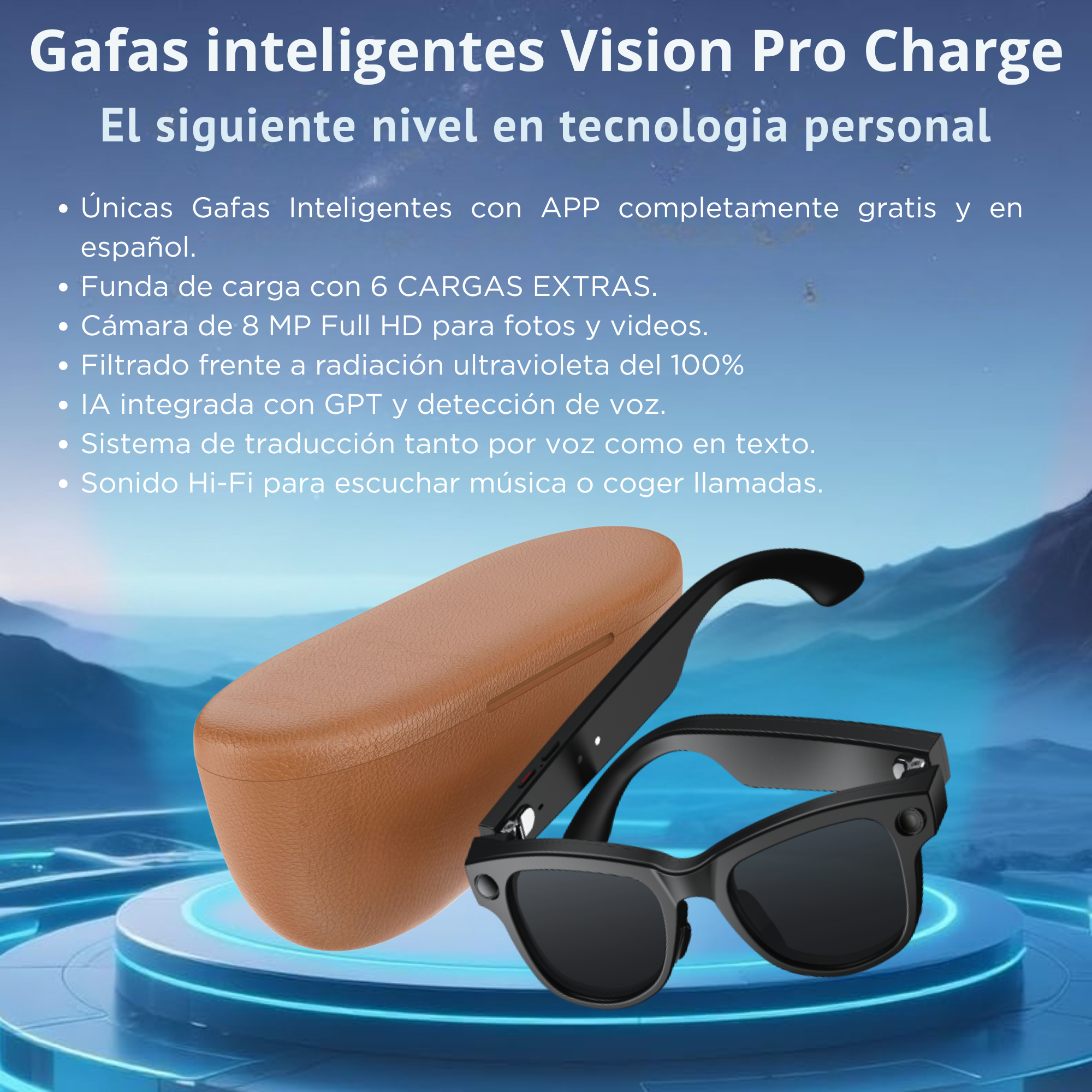 Gafas inteligentes negras y un estuche marrón en una plataforma iluminada.