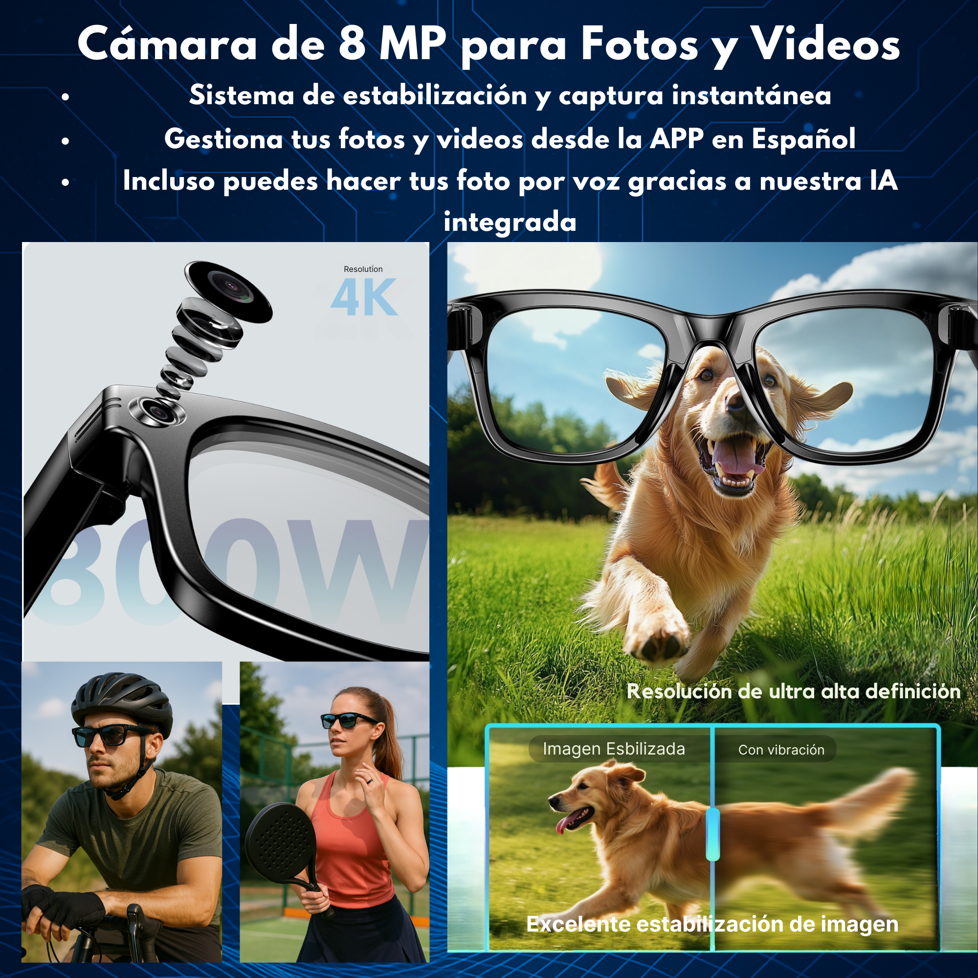 Gafas inteligentes con cámara de 8MP, estabilización y app, mostradas con un perro, ciclista y jugadora.