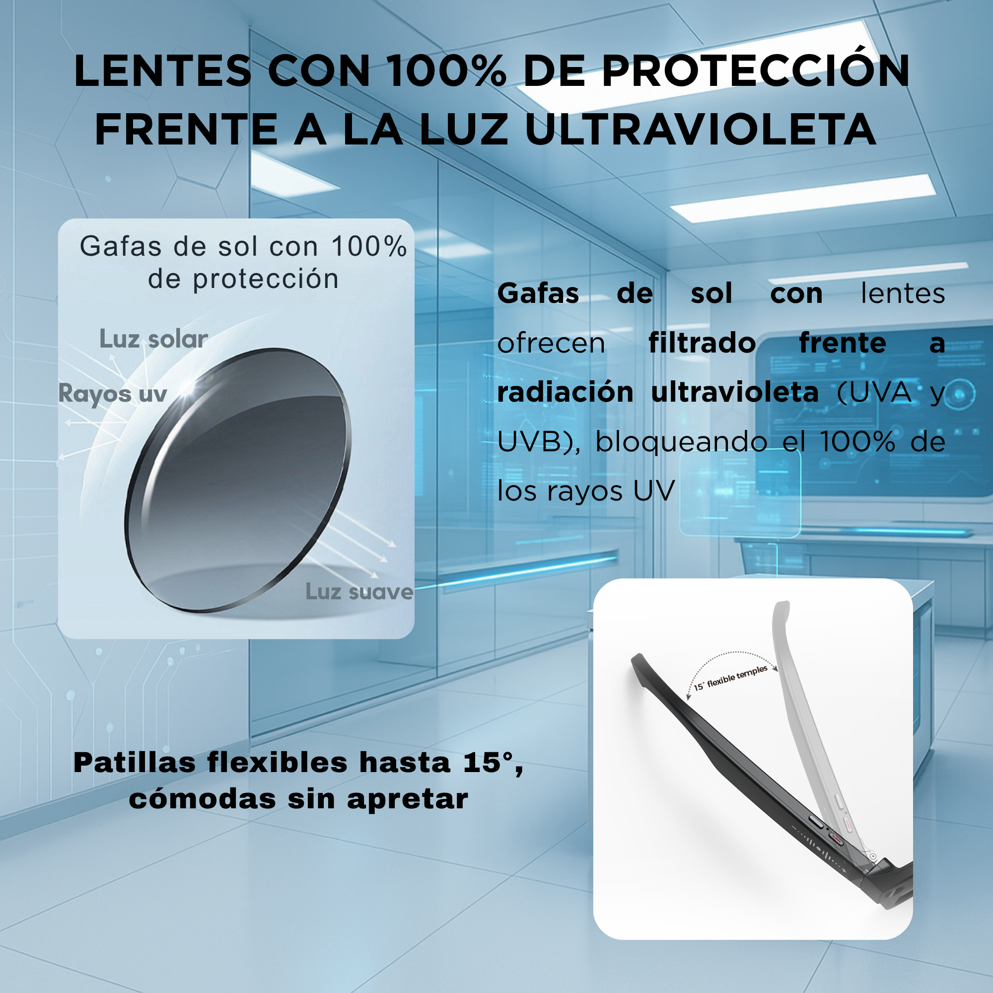 InfografÃ­a que muestra gafas de sol con 100% de protecciÃ³n UV y patillas flexibles.