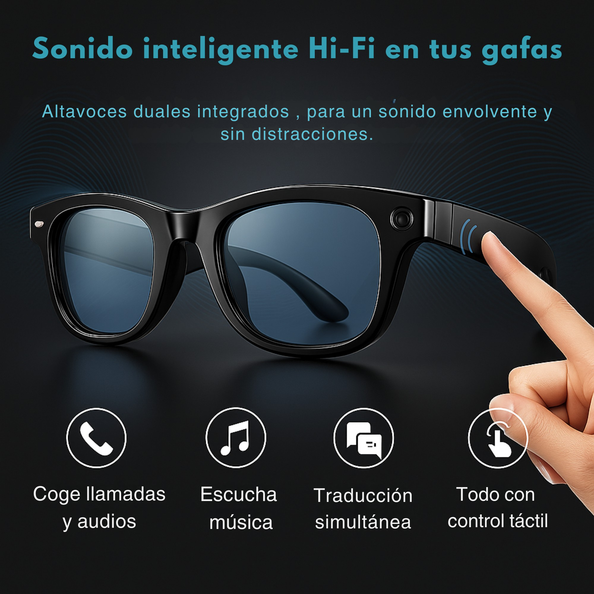 Gafas inteligentes negras con control táctil para llamadas, música y traducción sobre fondo oscuro.