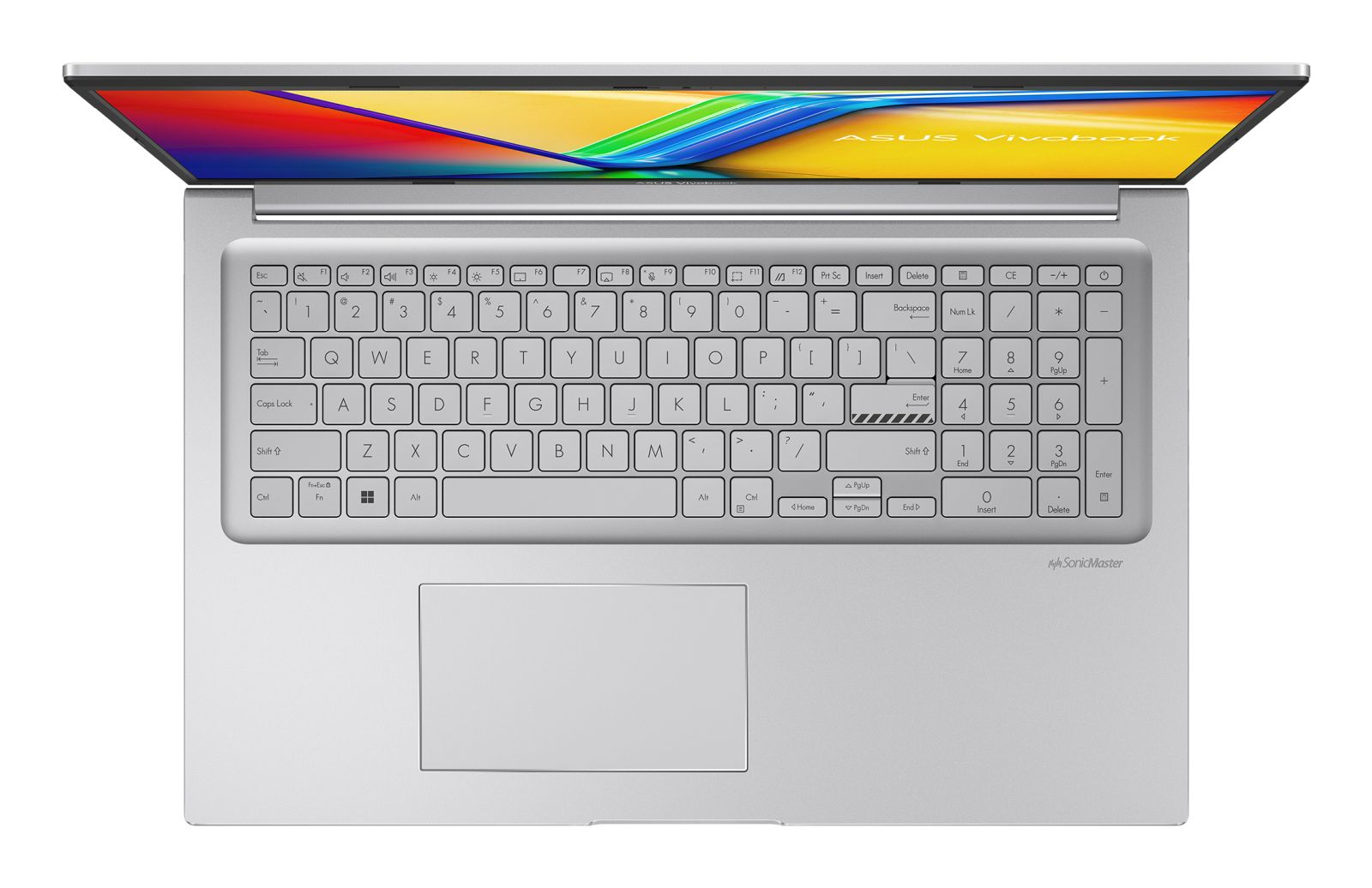 Silberner ASUS Vivobook Laptop von oben mit geöffnetem Bildschirm und beleuchteter Tastatur.