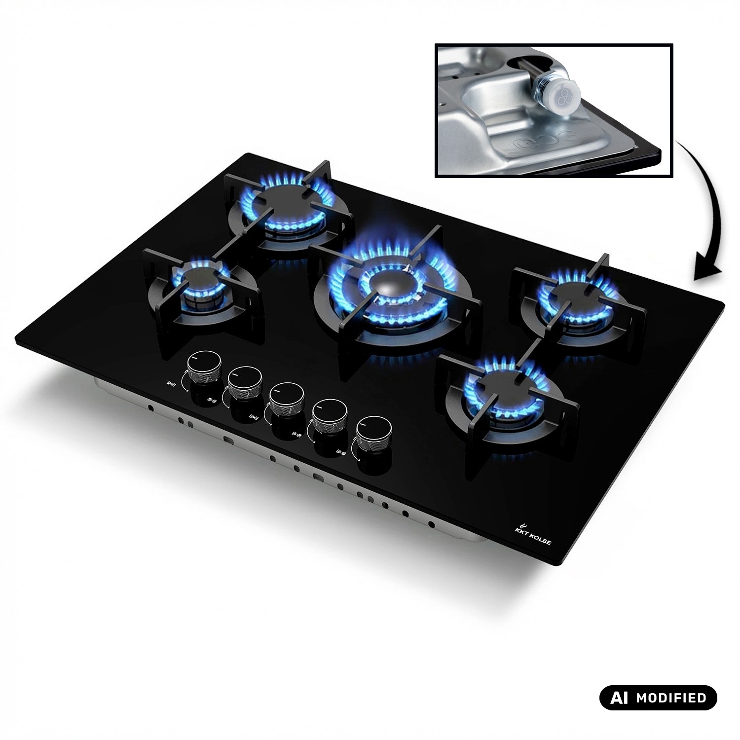 Piano cottura a gas nero con cinque fiamme blu e manopole, incluso primo piano dell'ugello.