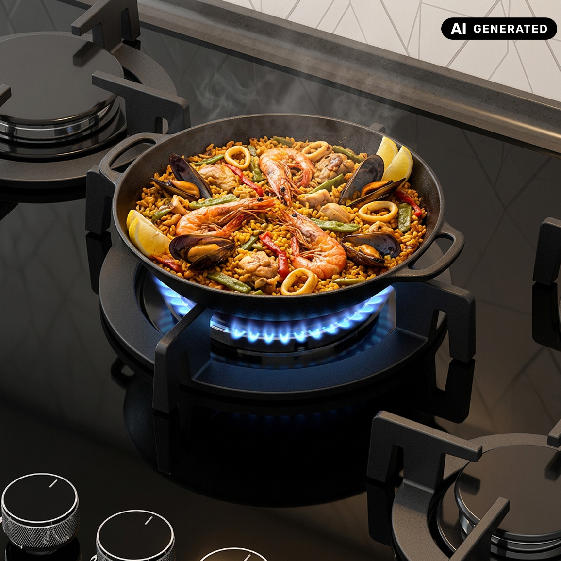 Paella di frutti di mare fresca cuoce in una padella di ghisa su un fornello a gas.