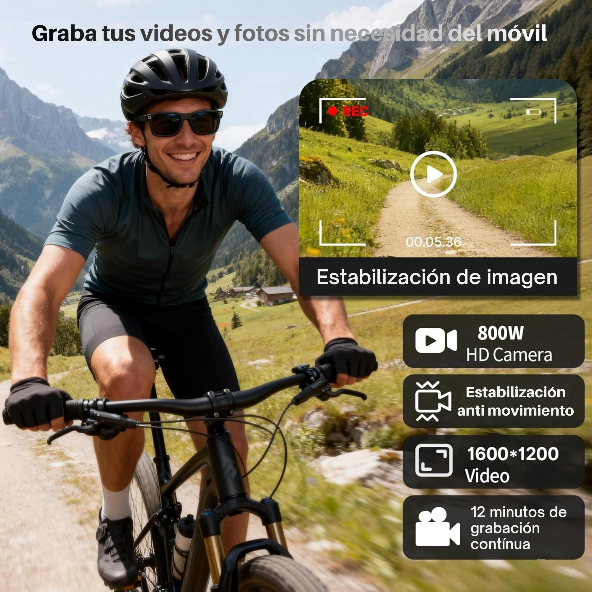 Ciclista con casco en ruta de montaña, con interfaz de cámara y especificaciones.