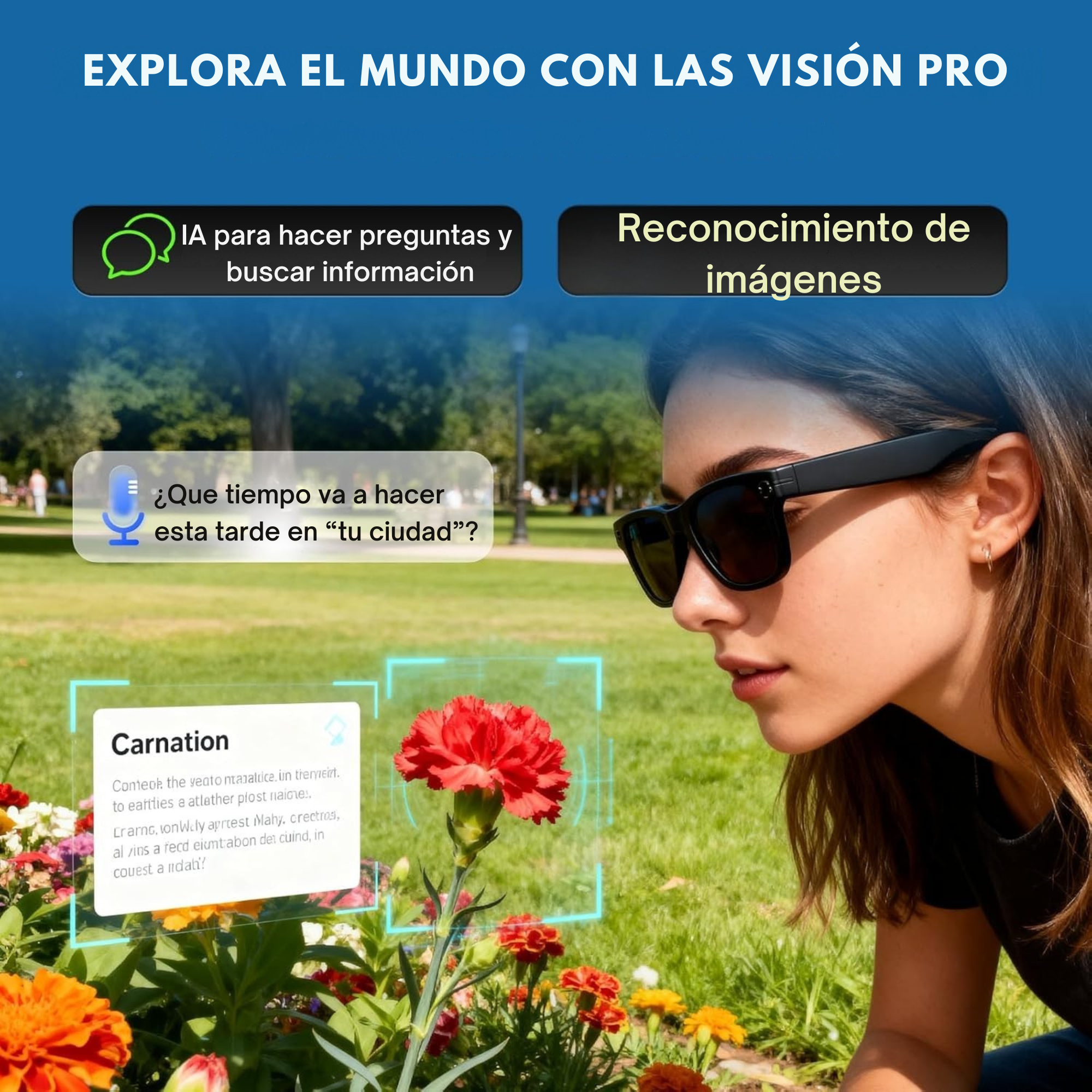 Una mujer con gafas inteligentes mira un clavel rojo en un parque, con interfaces digitales superpuestas.