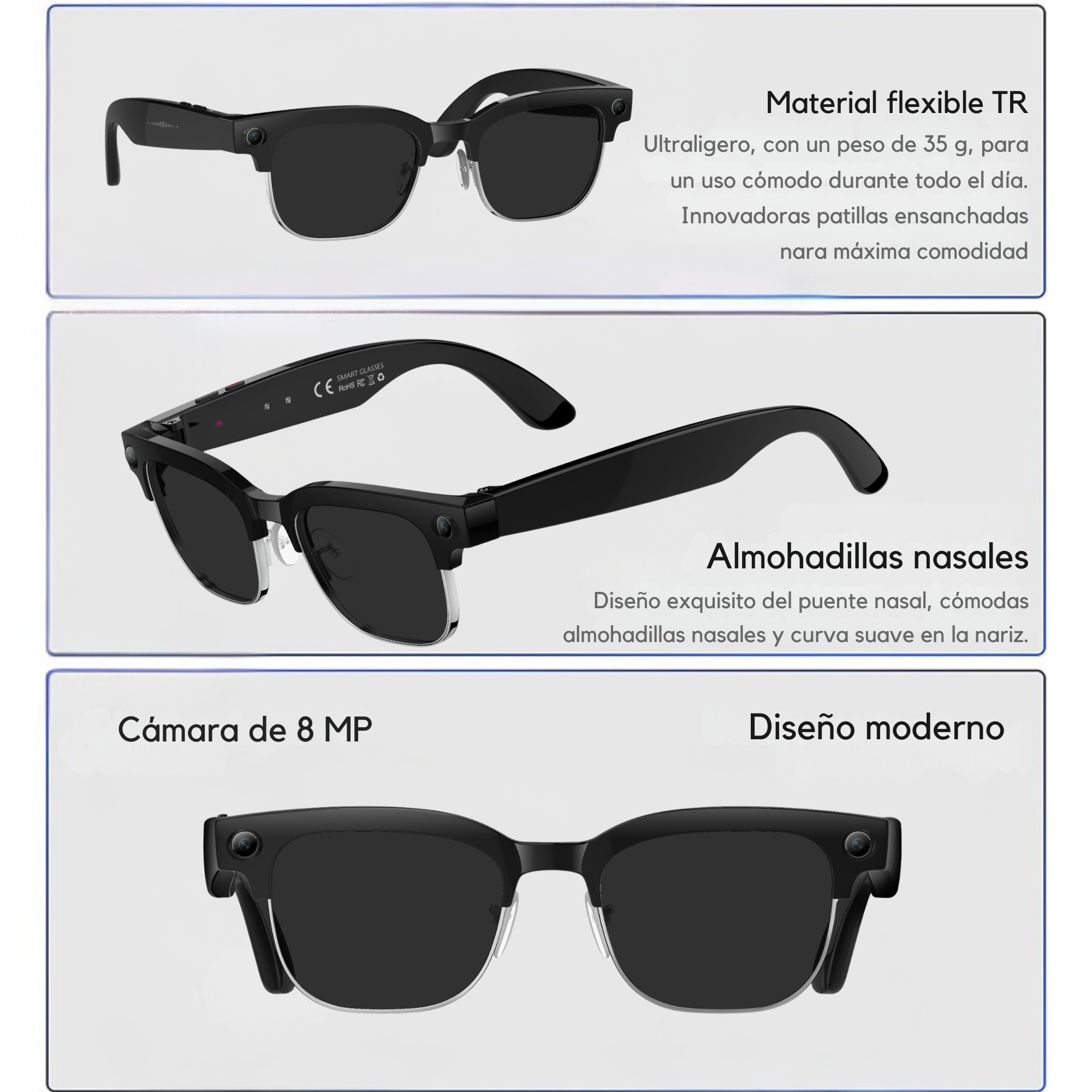 Tres vistas de gafas inteligentes negras con cámara y texto en español.