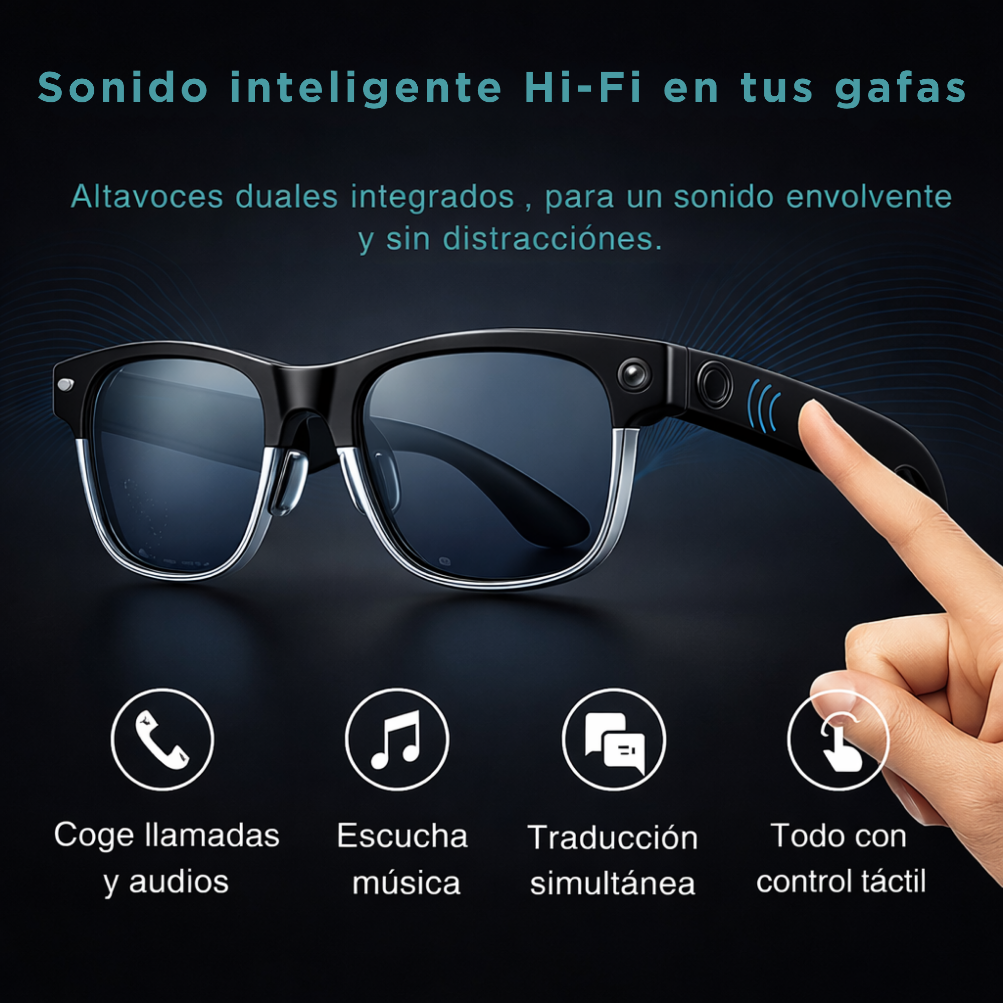 Gafas inteligentes con controles táctiles para llamadas, música y traducción sobre fondo oscuro.