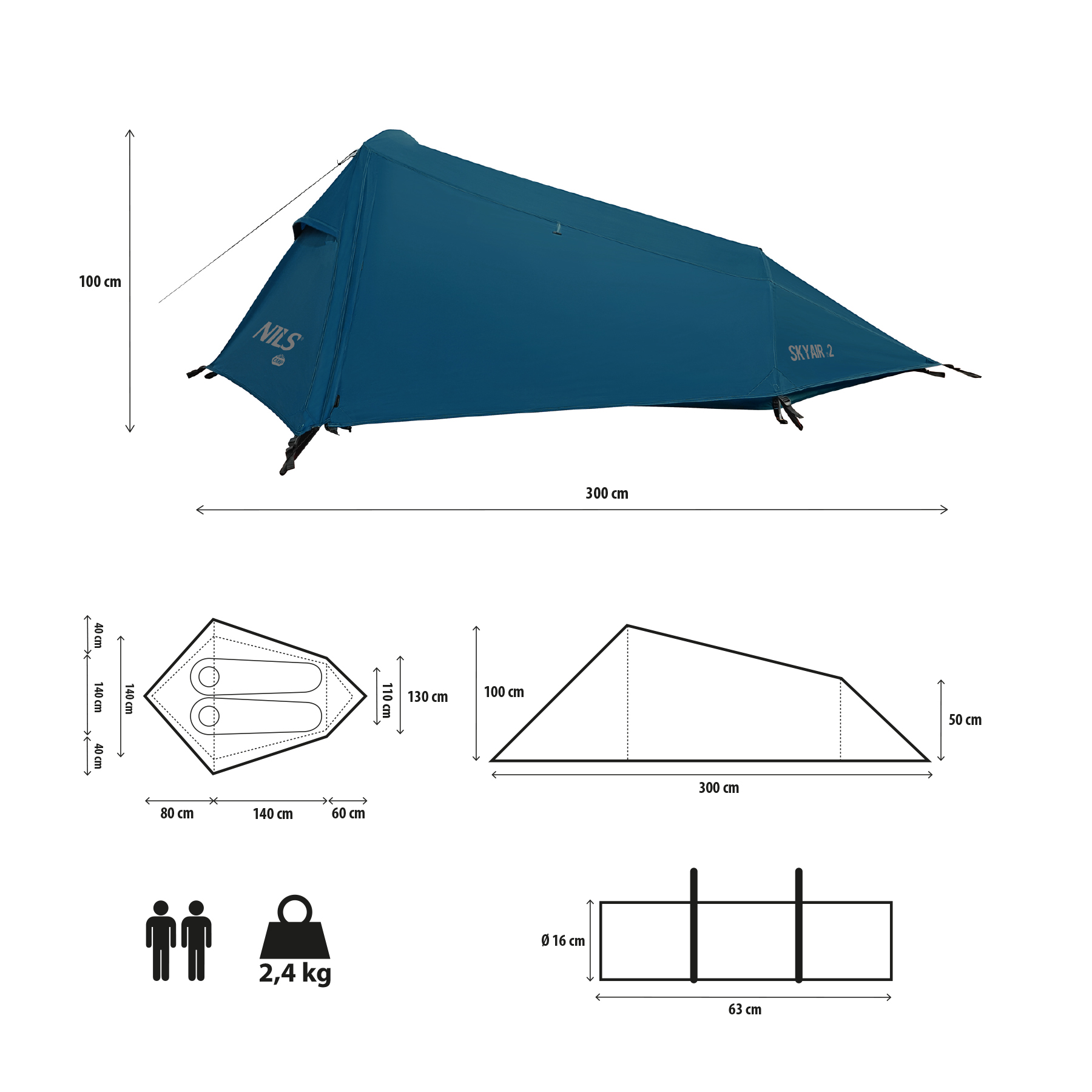 Niebieski namiot dwuosobowy z diagramami wymiarów, wagą 2,4 kg i wymiarami po spakowaniu.