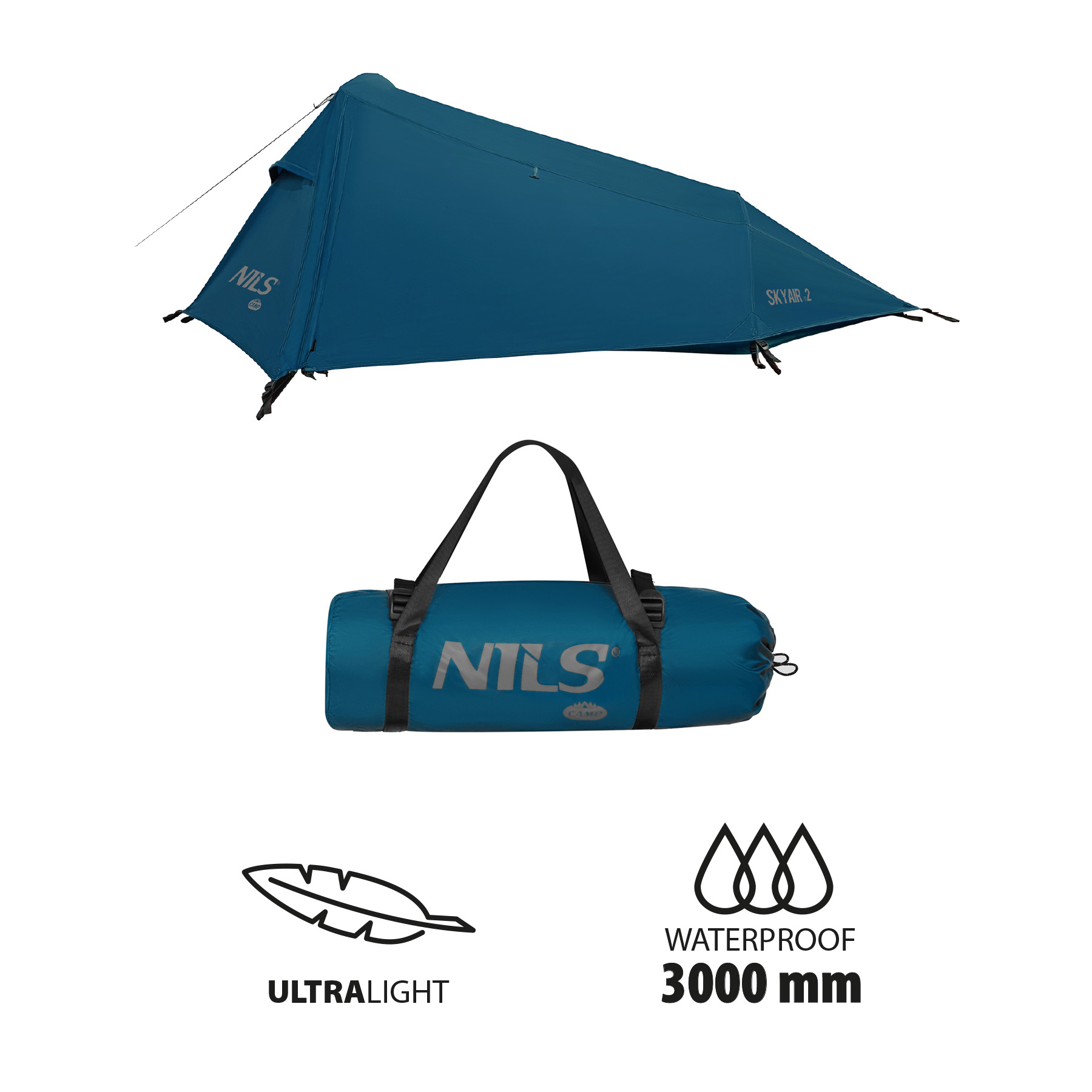 Niebieski namiot ultralekki, torba z logo NILS, ikona ultralekka i ikona wodoodporności 3000 mm.