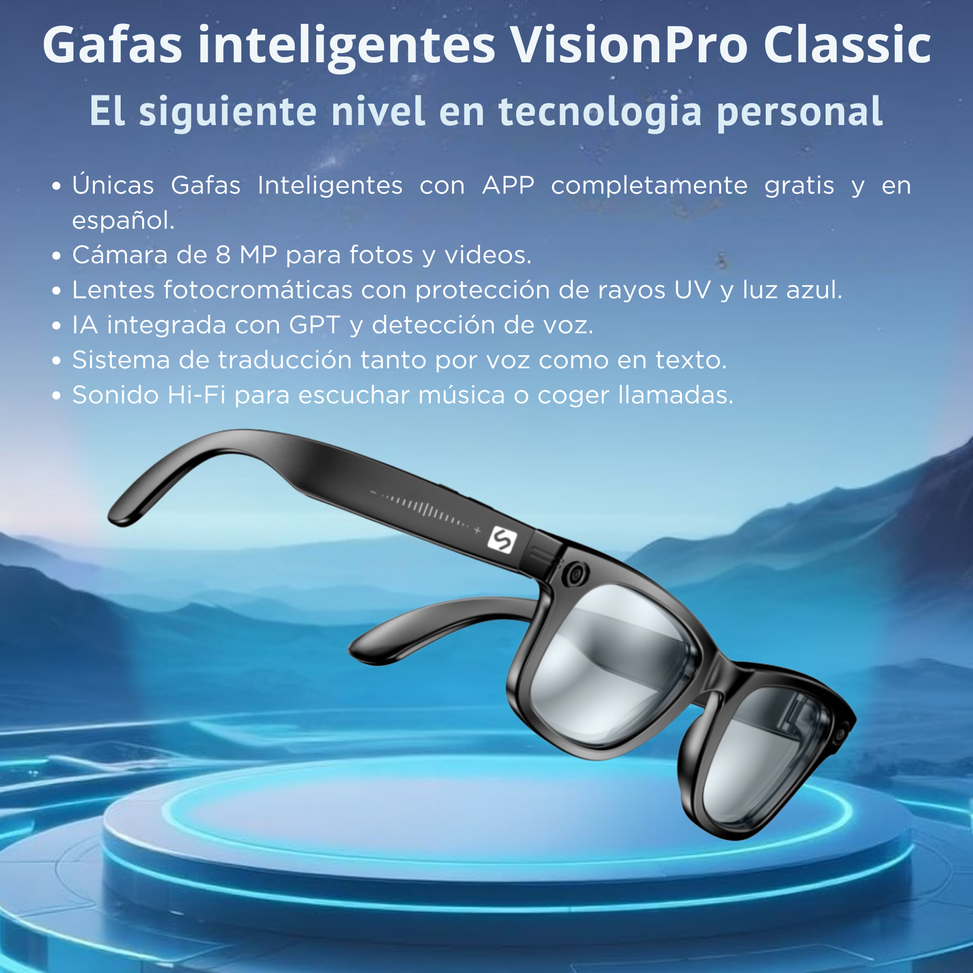 Gafas inteligentes negras en pedestal azul con texto promocional y montañas.