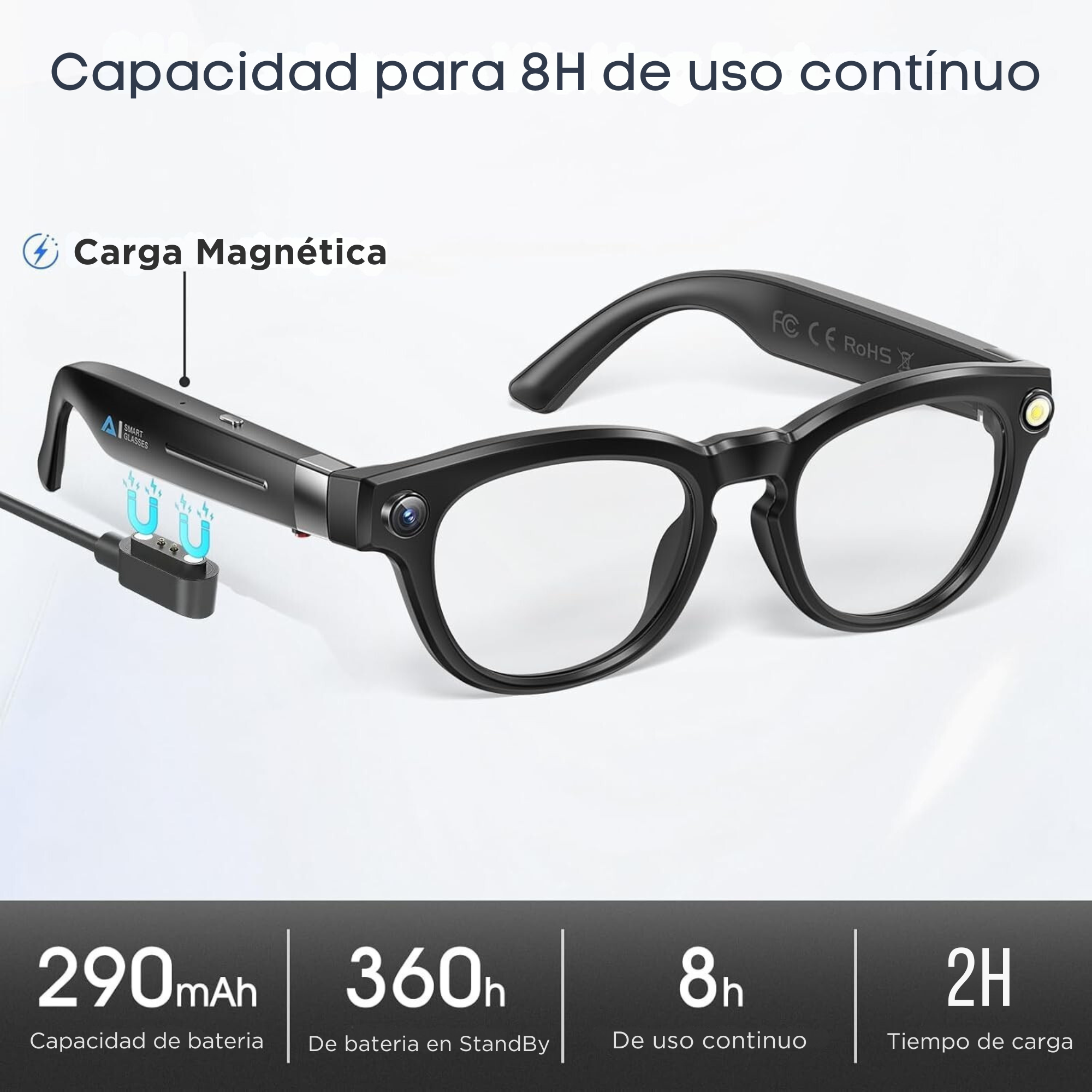 Gafas inteligentes negras con cargador magnético y 8 horas de batería.