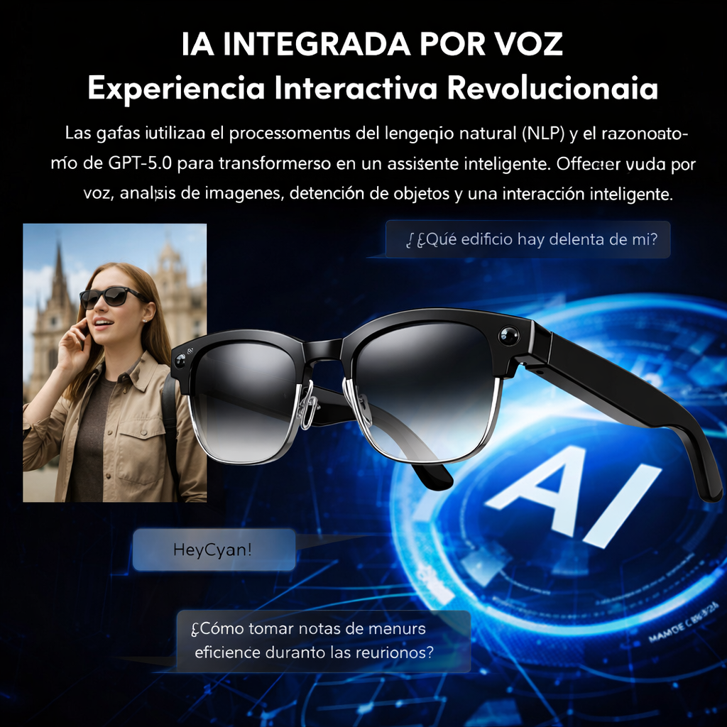Gafas inteligentes con funciones de IA, que muestran a una mujer al aire libre y un gráfico de IA brillante.