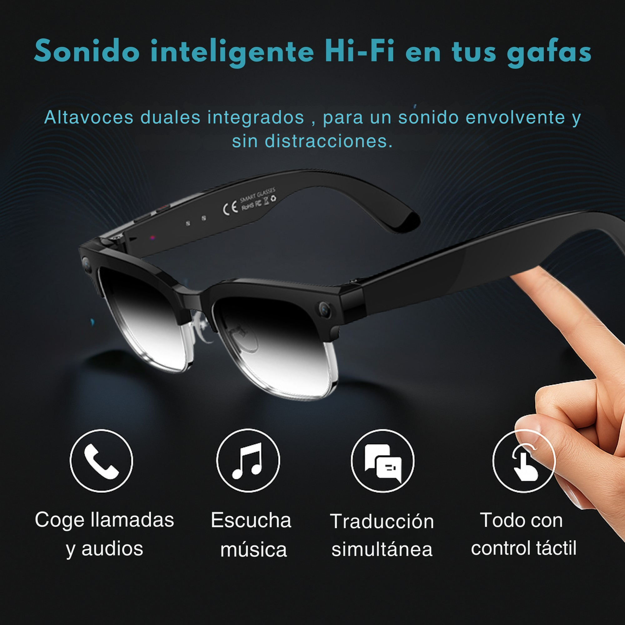 Gafas inteligentes con control táctil, altavoces duales y funciones para llamadas, música y traducción.