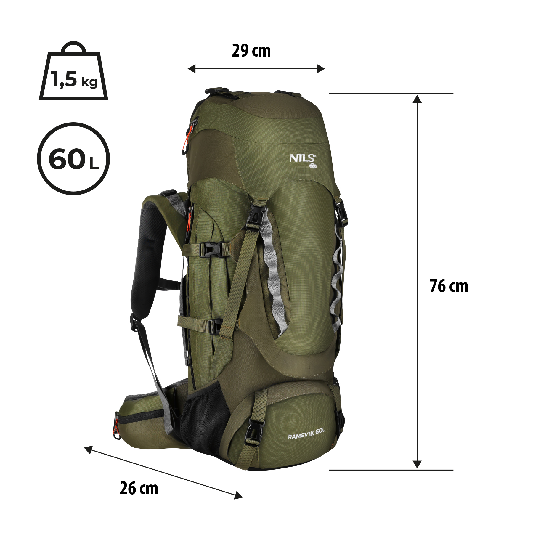 Zielony plecak trekkingowy o pojemności 60L i wadze 1,5 kg, wymiary 76x29x26 cm.