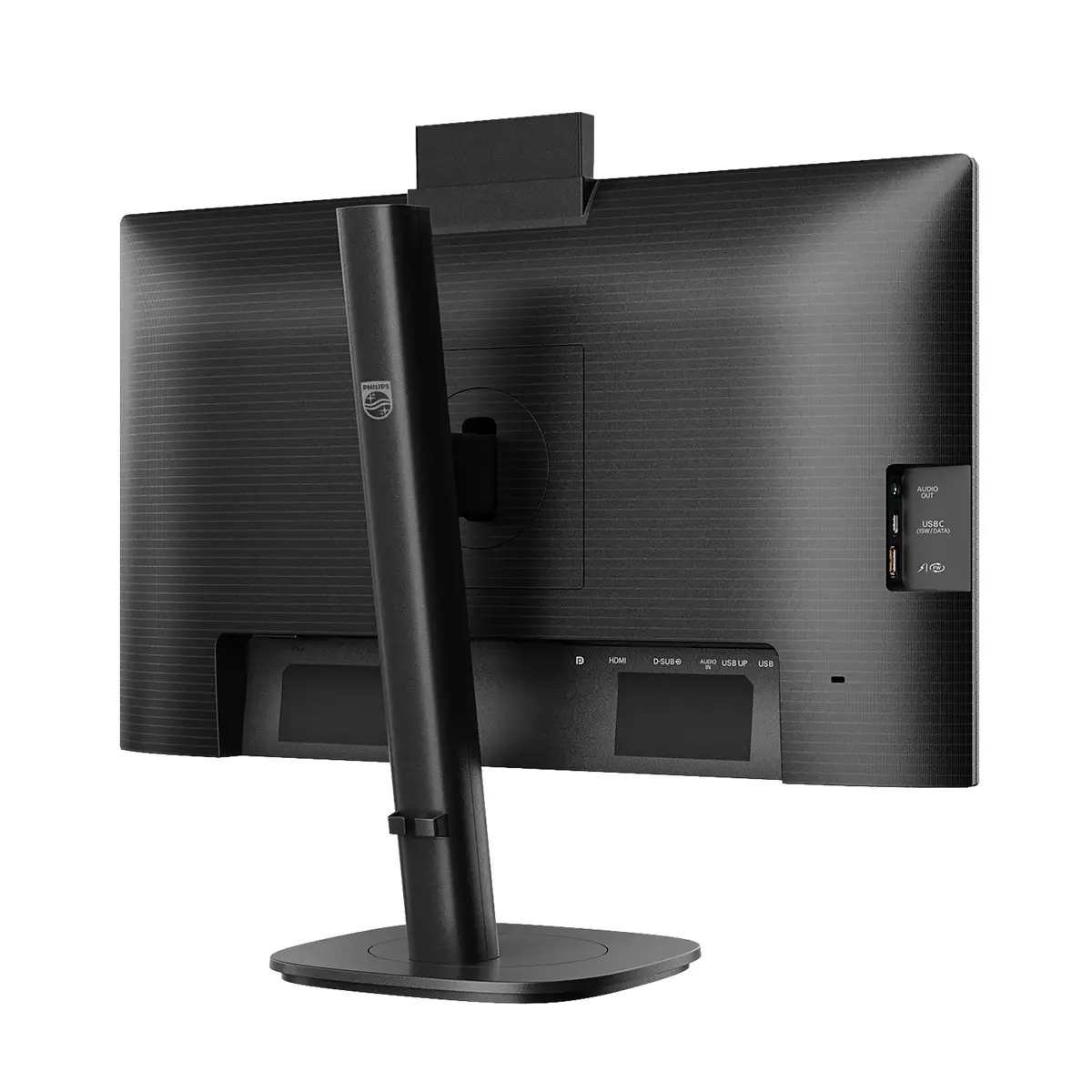 Vista posteriore di un monitor Philips nero con supporto e varie porte di collegamento sul fondo e sul lato.