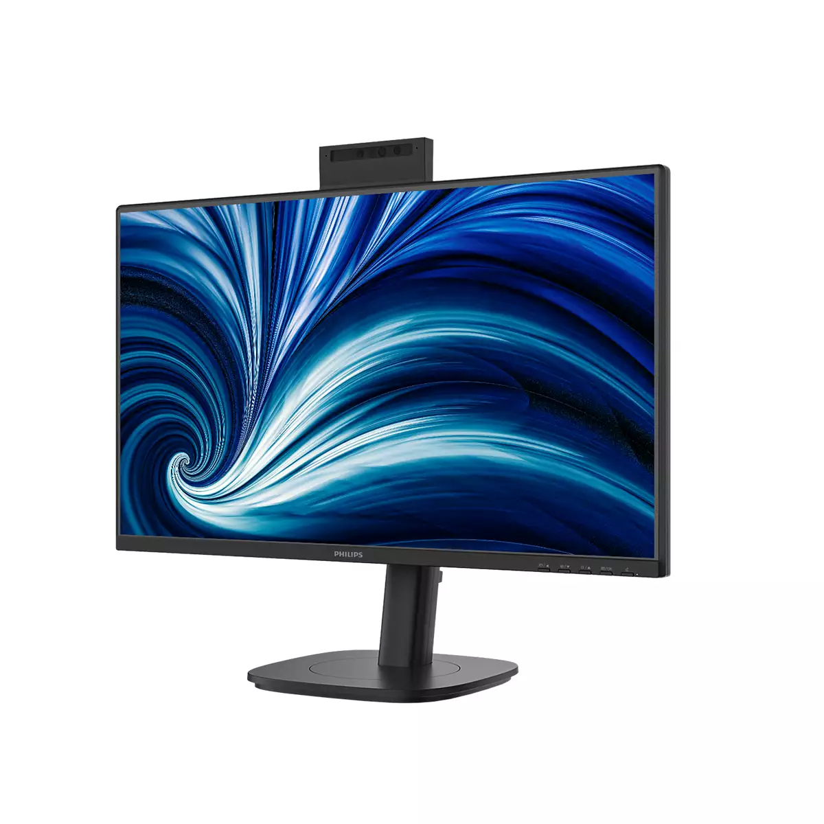 Monitor Philips nero con webcam integrata e sfondo a spirale blu.