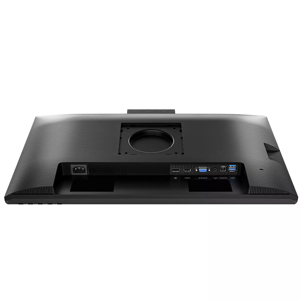 Vista posteriore di un monitor nero che mostra varie porte di connessione e un supporto VESA circolare.
