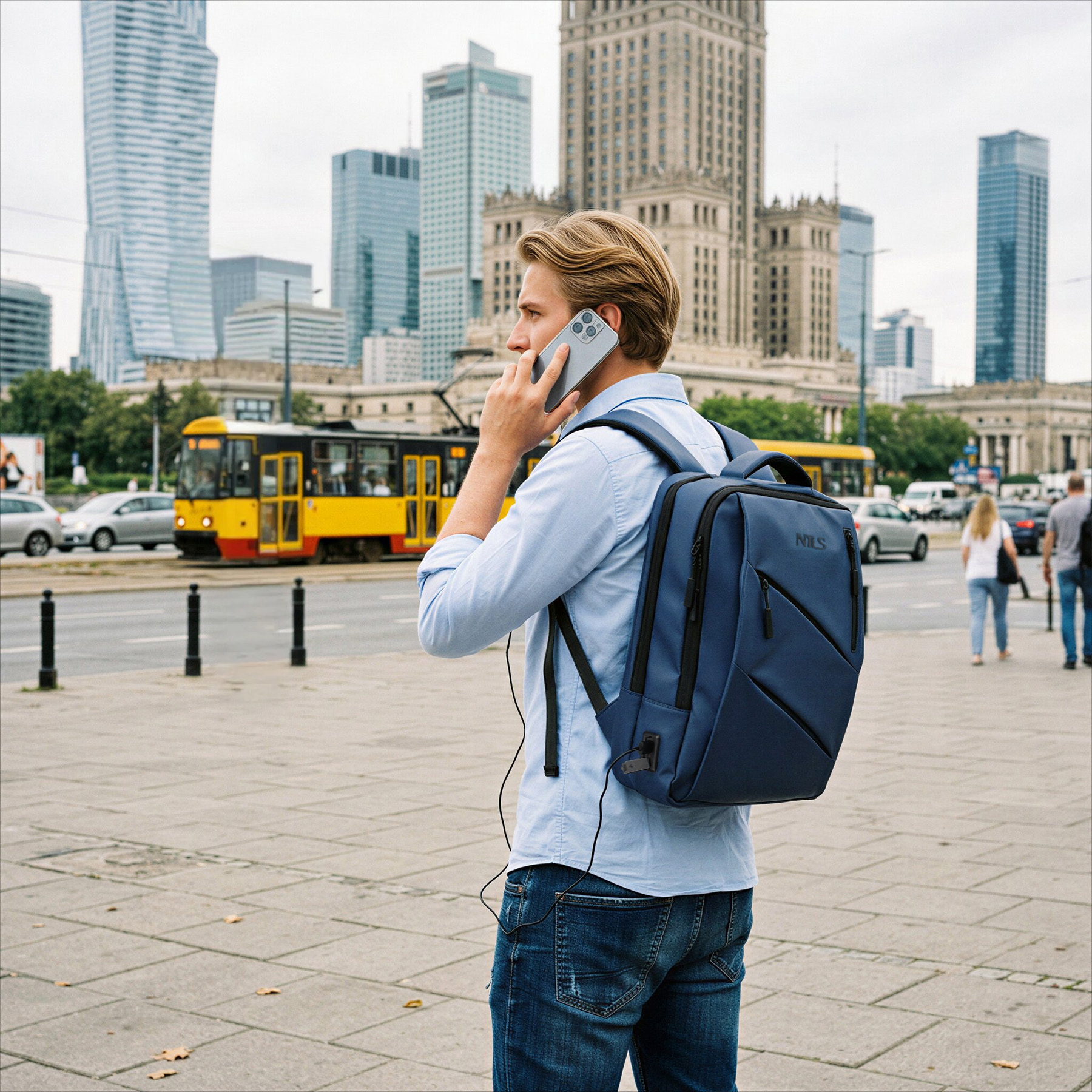 Blondyn z niebieskim plecakiem rozmawia przez telefon w mieście, w tle wieżowce i tramwaj.