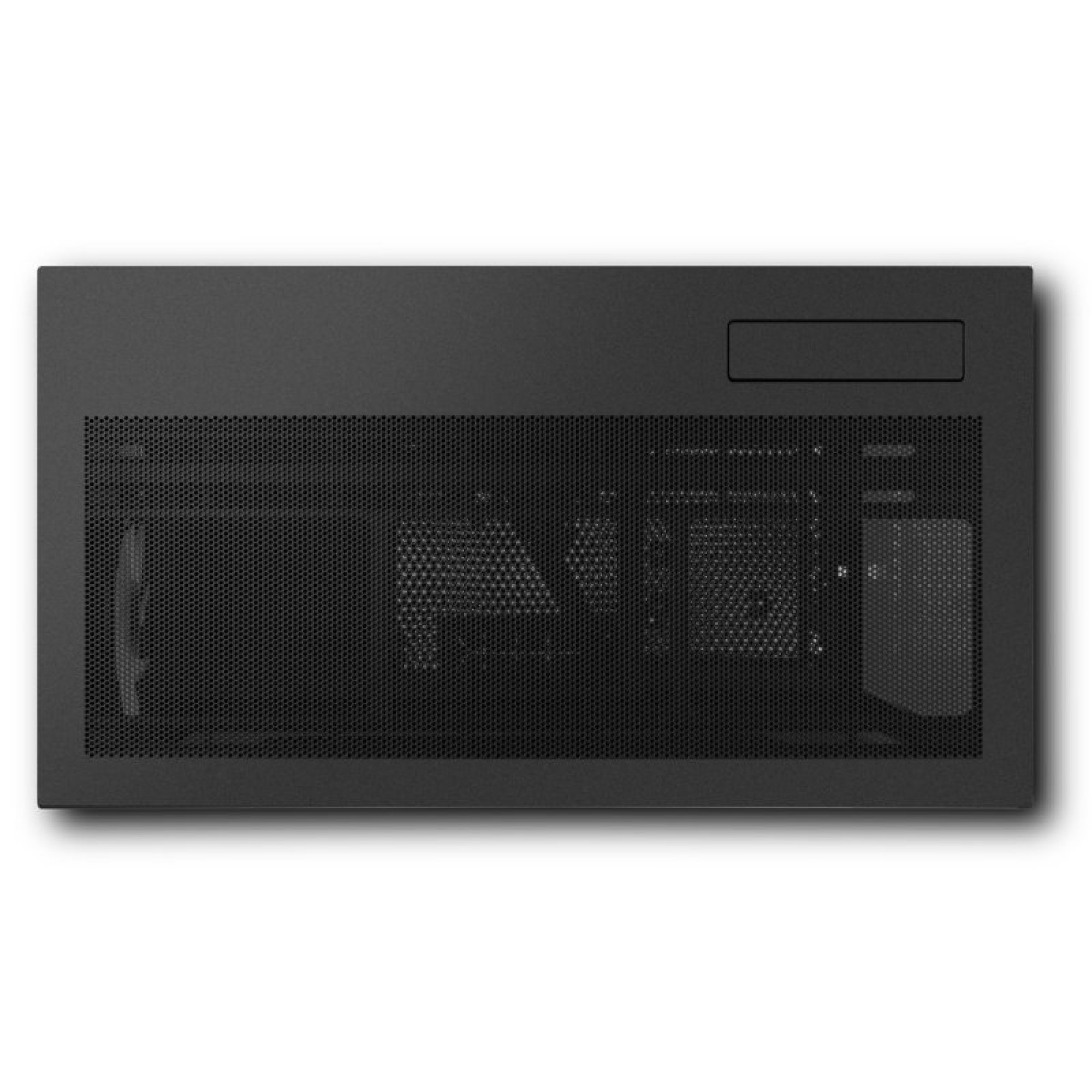 Caja de PC negra con panel lateral de malla metálica perforada y botones.
