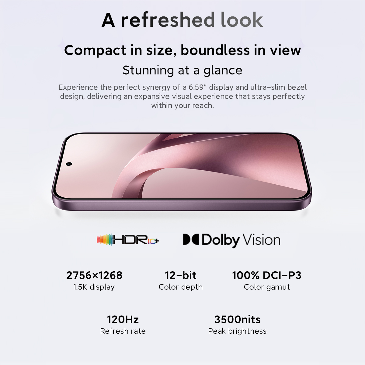 Pantalla de teléfono con especificaciones como tasa de refresco de 120Hz, HDR10+ y 3500 nits.