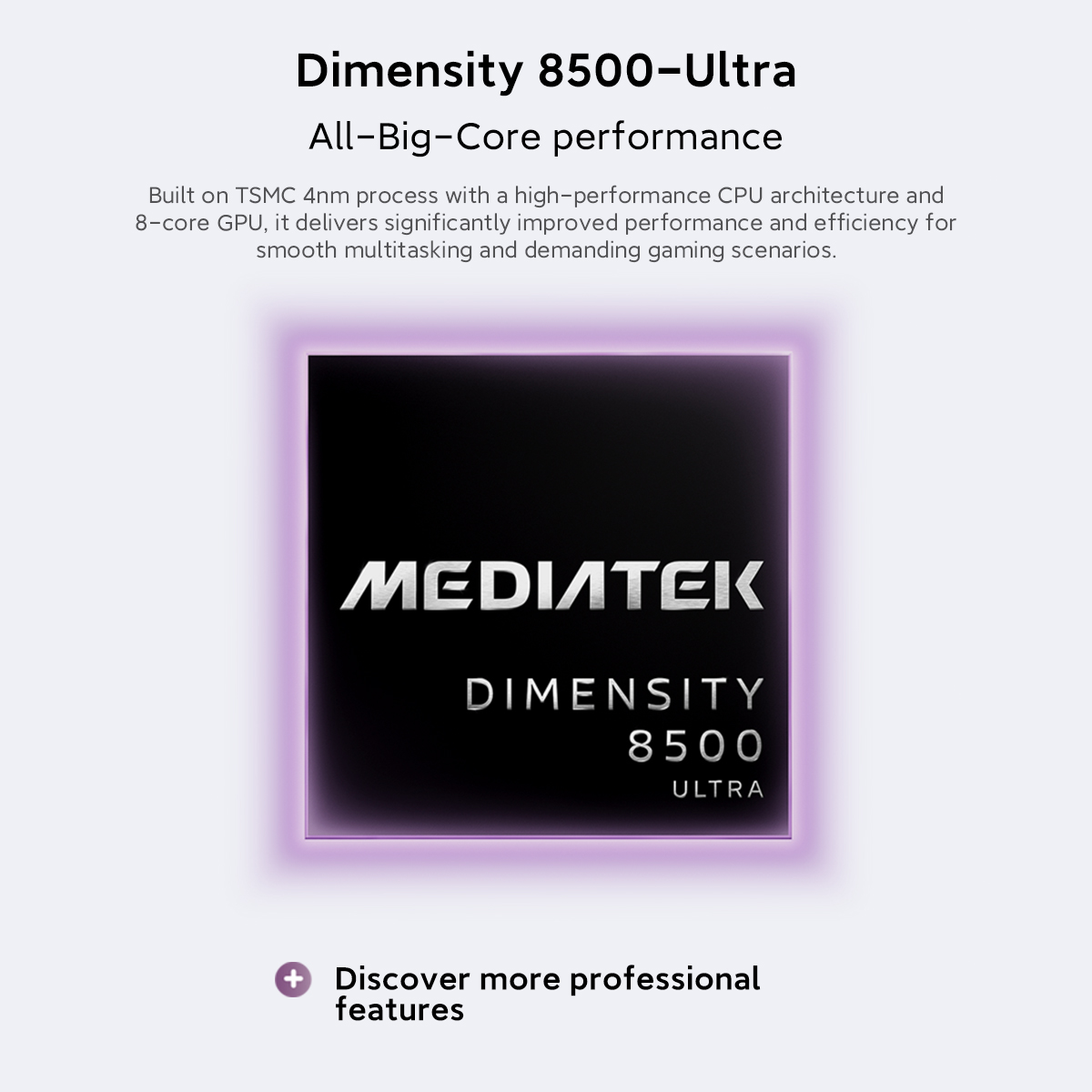 Gráfico del procesador MediaTek Dimensity 8500-Ultra con brillo púrpura.