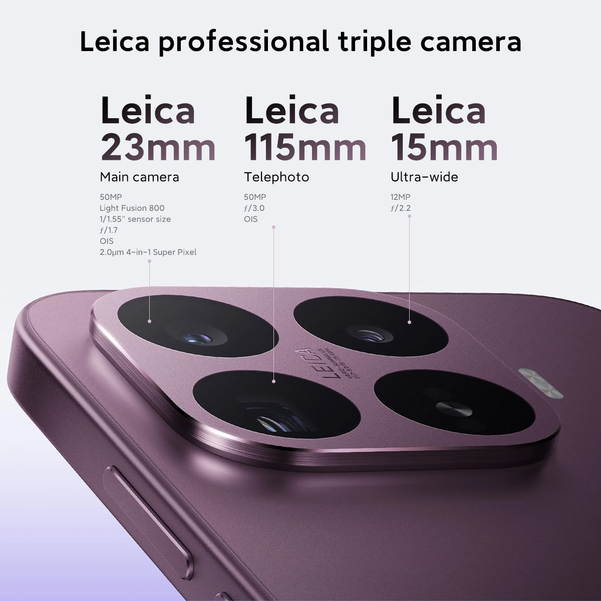Módulo de cámara triple profesional Leica en la parte posterior de un teléfono morado con especificaciones.
