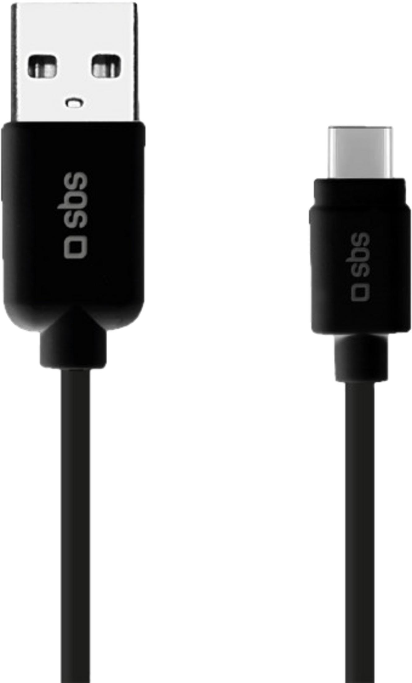 Ein schwarzes USB-A- und USB-C-Kabel mit sbs-Logo auf weißem Hintergrund.
