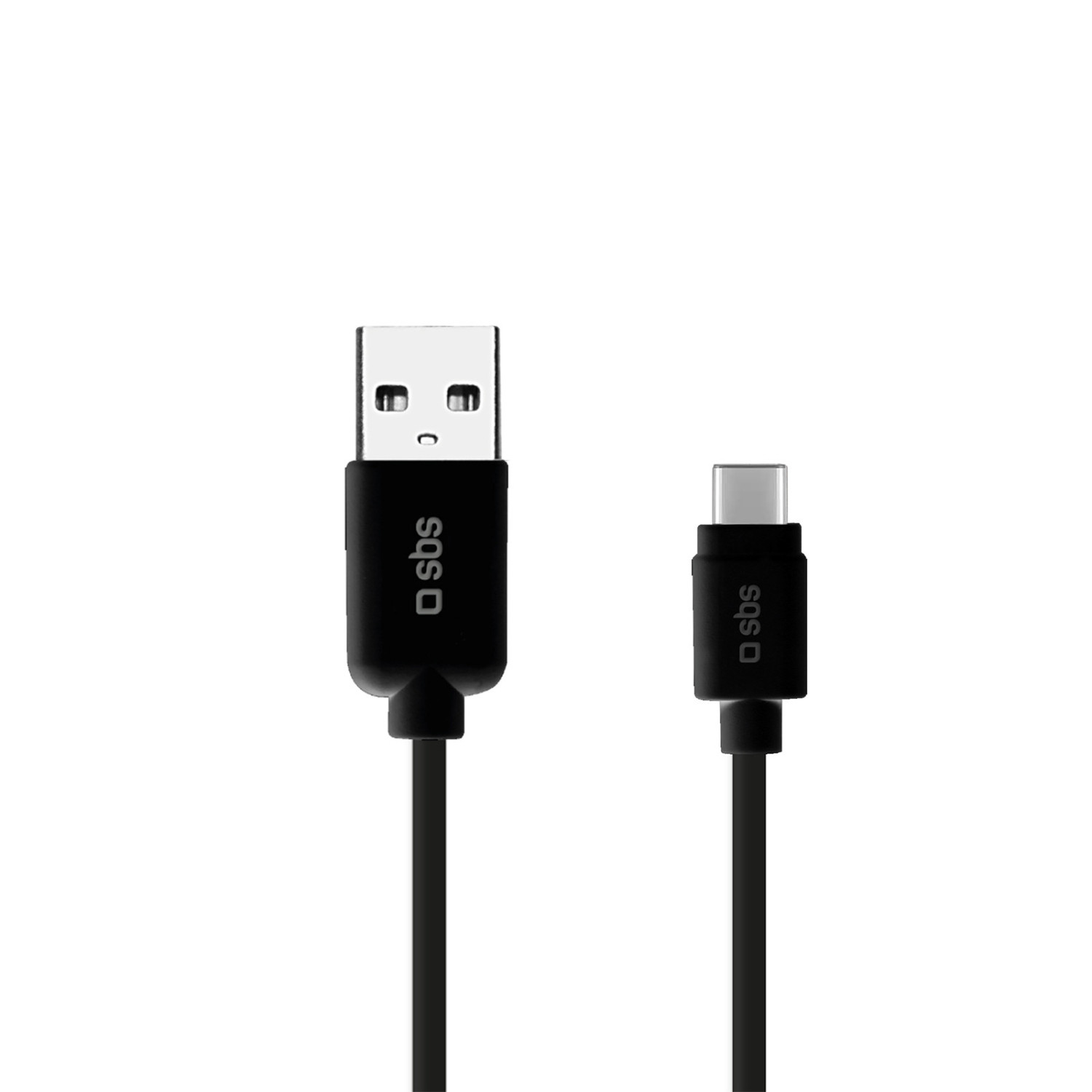 Ein schwarzes USB-A auf USB-C Ladekabel vor weißem Hintergrund.