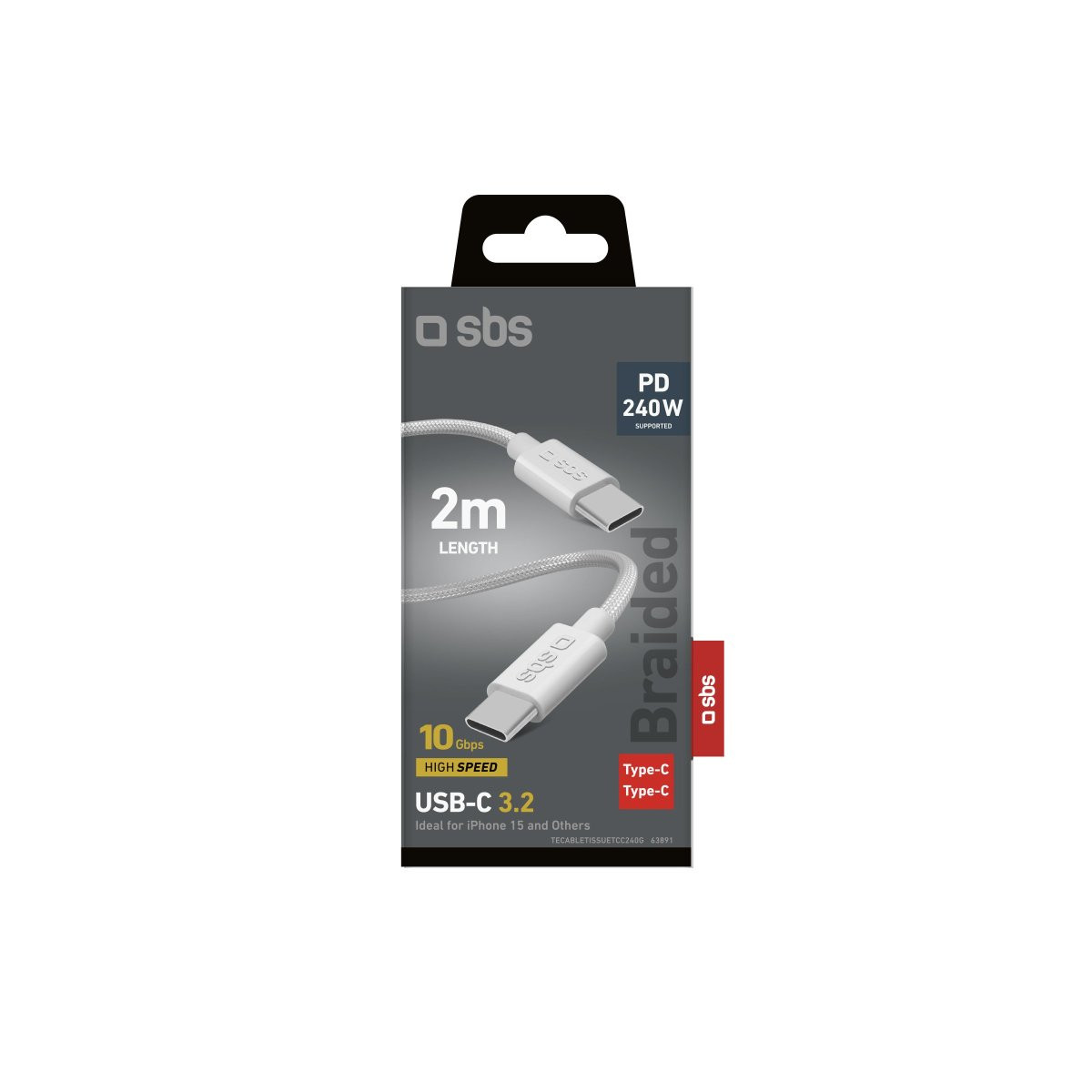 Envase gris SBS para cable USB-C 3.2 trenzado de 2m, con PD 240W y alta velocidad de 10 Gbps.
