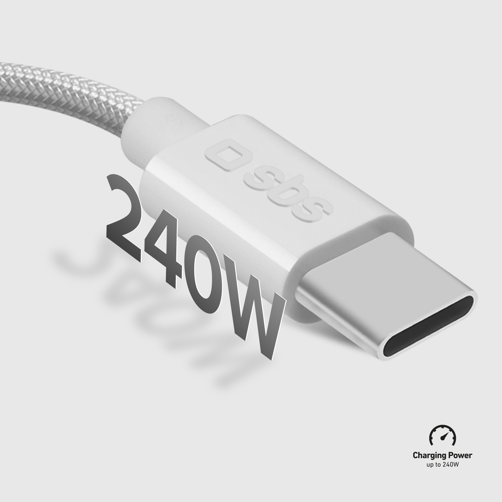 Primer plano de un cable USB-C blanco con el texto 240W.