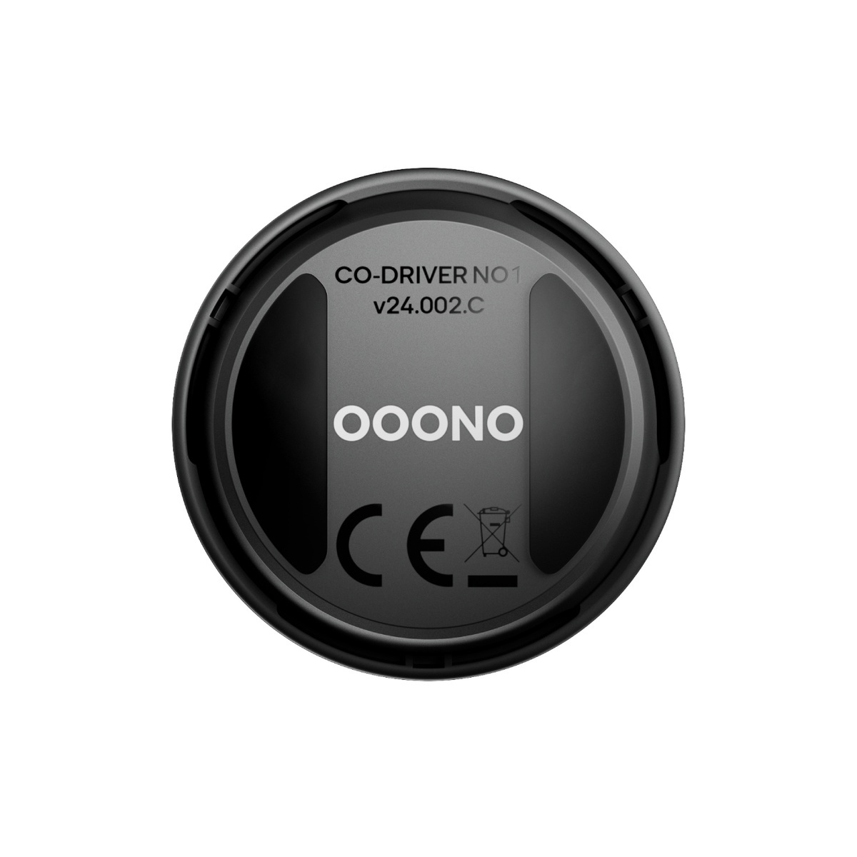 R ückseite des runden CO-DRIVER NO1 Geräts mit OOONO Logo, CE-Kennzeichnung und Mülltonnensymbol.