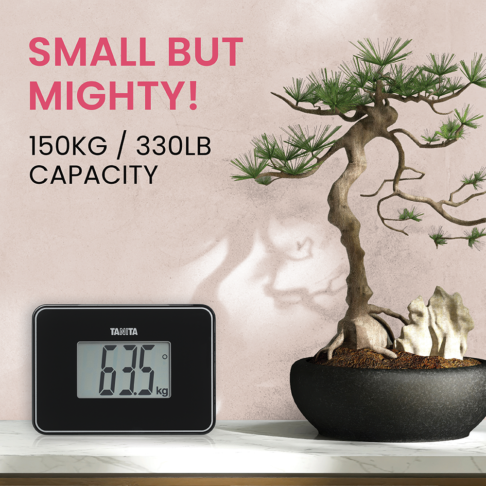 Small black Tanita scale showing 63.5 kg, next to a bonsai tree and promotional text.