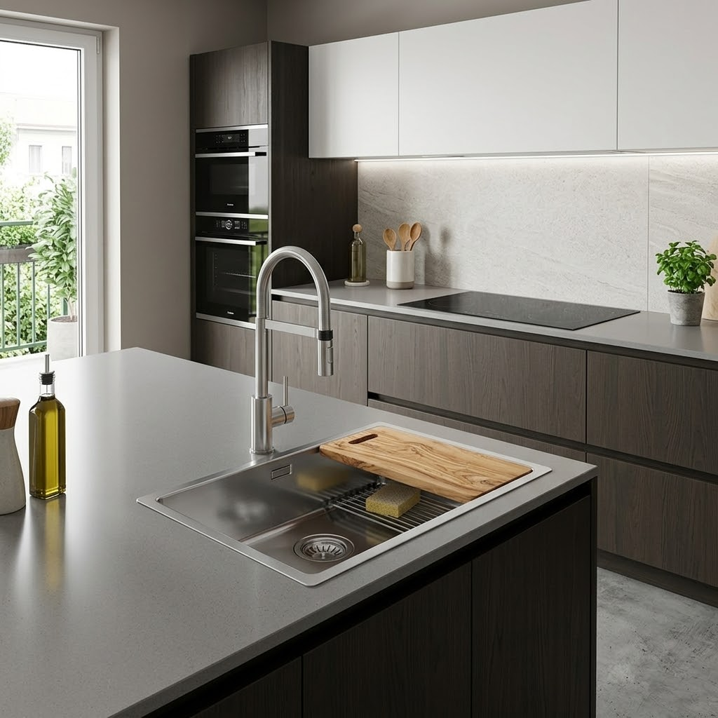 Moderna cucina con lavello in acciaio, tagliere in legno, mobili scuri e vista su un balcone verde.